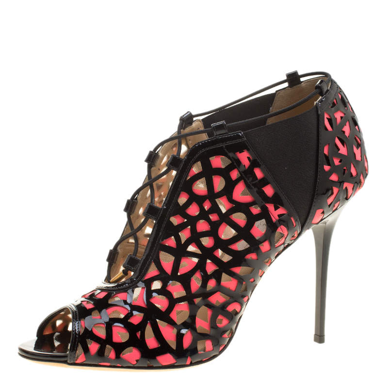 مملوكة مسبقًا Jimmy Choo Two Tone Laser Cut Leather and Fabric Tactic Lace Up Booties Size 41