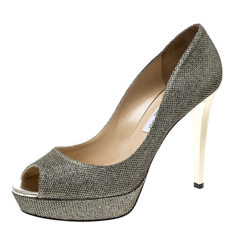 Pre Owned Jimmy Choo Metallic Gold Lamè Glitter Fabric Dahlia Platform Peep Toe Pumps Size 41