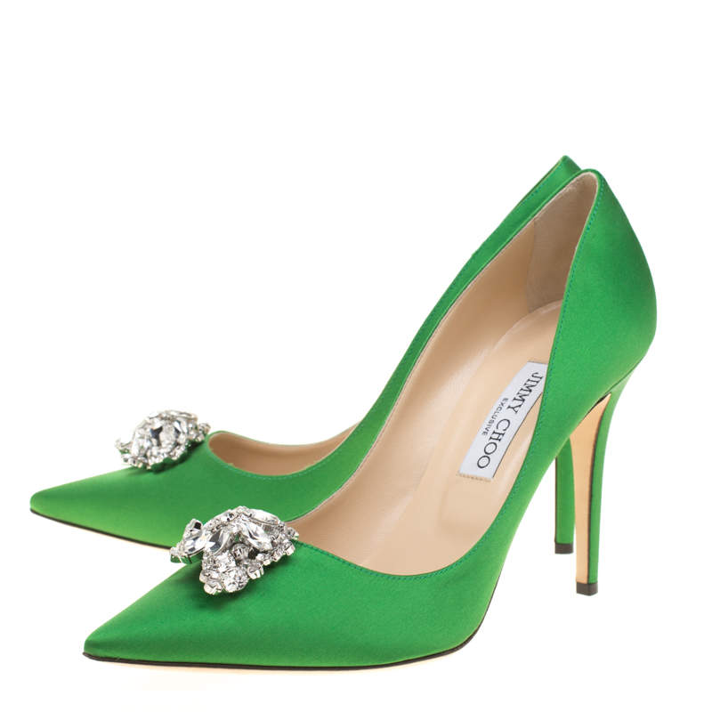 Jimmy Choo Exclusive Collection Apple Green Satin Manda Embellished Pointed Toe Pumps Size Choo | TLC