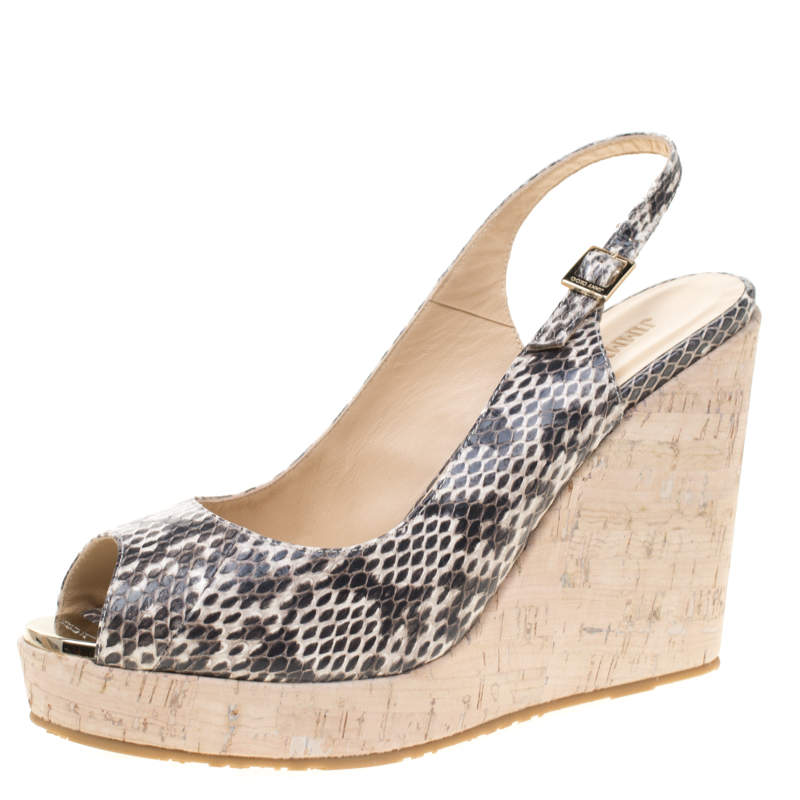 Pre Owned Jimmy Choo Two Tone Elaphe Leather Prova Slingback Cork Wedge Sandals Size 41