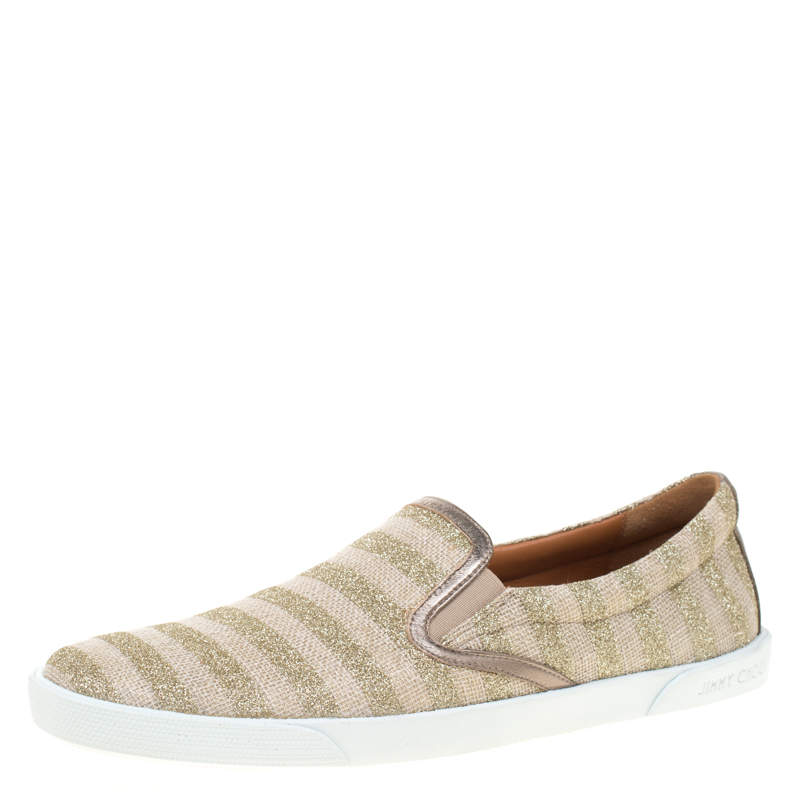 مملوكة مسبقًا Jimmy Choo Beige/Metallic Gold Canvas With Glitter Stripes Demi Slip On Sneakers Size 41