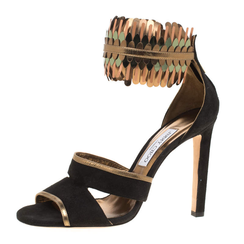 مملوكة مسبقًا Jimmy Choo Black Suede and Metallic Mirrored Leather Klara Ankle Cuff Peep Toe Sandals Size 41