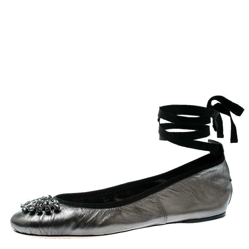 Jimmy Choo Metallic Grey Leather Grace Crystal Embellished Ankle Wrap Ballet Flats Size 40
