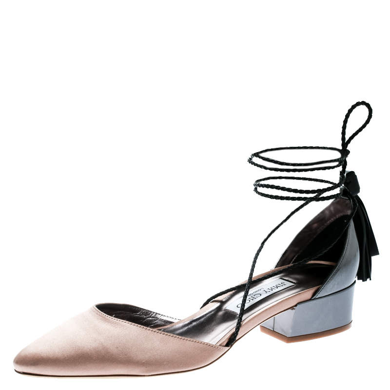 Pre Owned Jimmy Choo Beige Satin And Metallic Grey Leather Duchess Ankle Wrap Sandals Size 40 