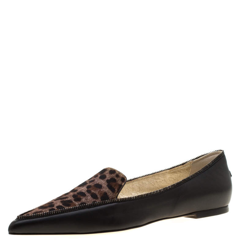 Jimmy Choo Black Leather And Brown Leopard Print Pony Hair Paloma Pointed Toe Flats Size 38