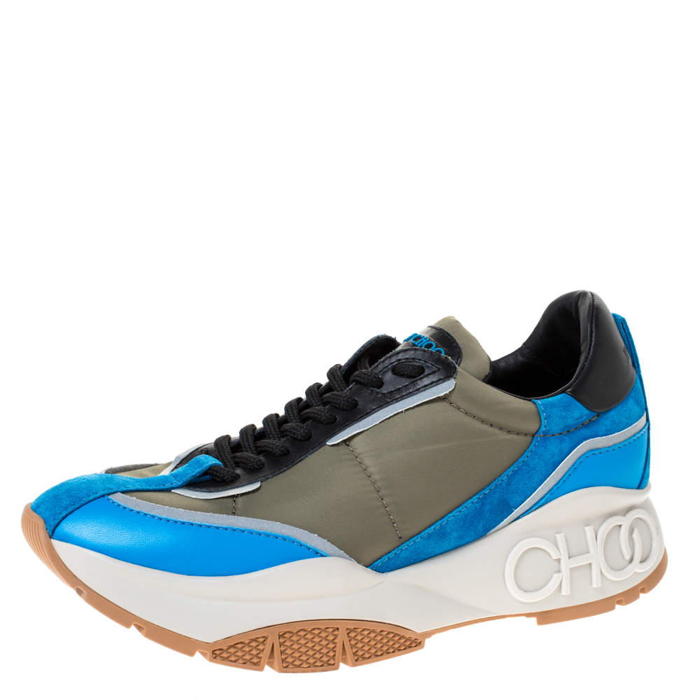 Pre Owned Jimmy Choo Green/Blue Leather And Neoprene Fabric Raine Sneakers Size 39