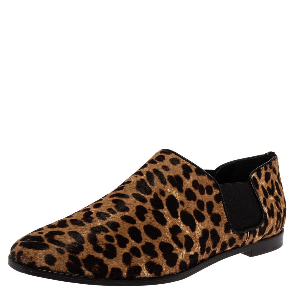 Jimmy Choo Leopard Print Calf Hair And Elastic 'Glint' Slip On Loafer Size 39