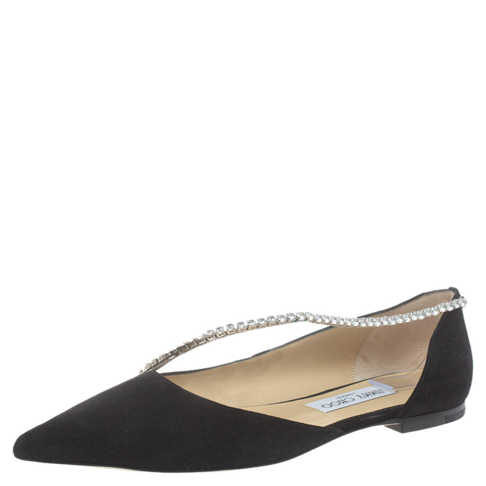 مملوكة مسبقًا Jimmy Choo Black Suede Trude Crystal Embellished Pointed Toe Flats Size 39