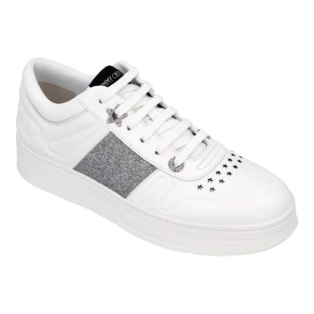 Pre Owned Jimmy Choo White/Silver Calf Leather Coarse Glitter Stripe Hawaii Sneakers Size EU 36