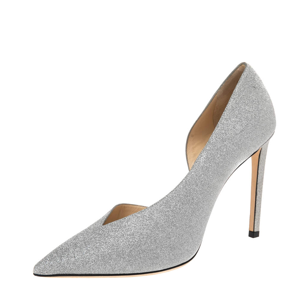 مملوكة مسبقًا حذاء كعب عالي جيمي تشو صوفيا غليتر فضي دورسيه مقدمة مدببة مقاس 40