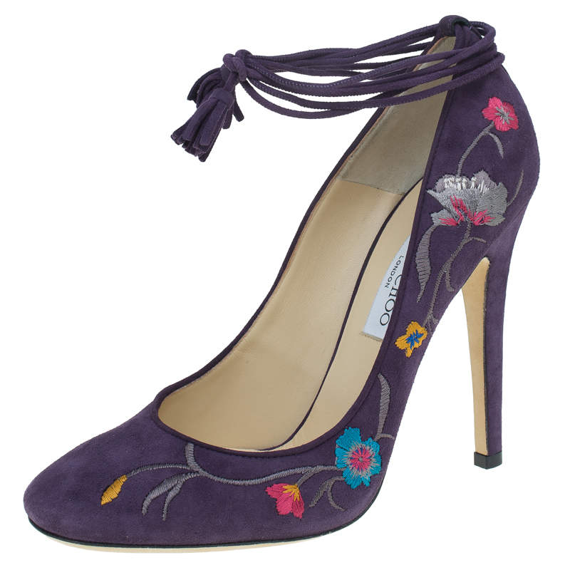 Jimmy Choo Purple Suede Floral Embroidered Chelan Ankle Wrap Pumps Size 40