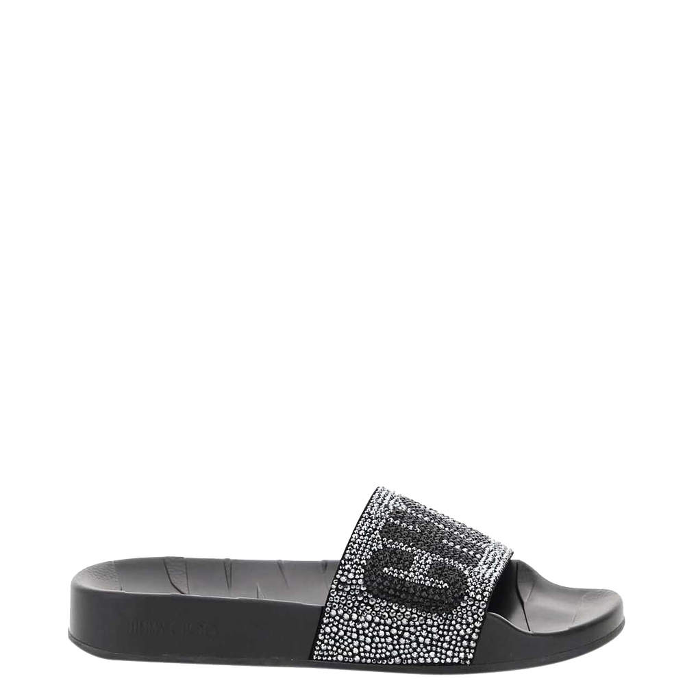 Pre Owned Jimmy Choo Black Leather Crystals Slippers Size IT 35