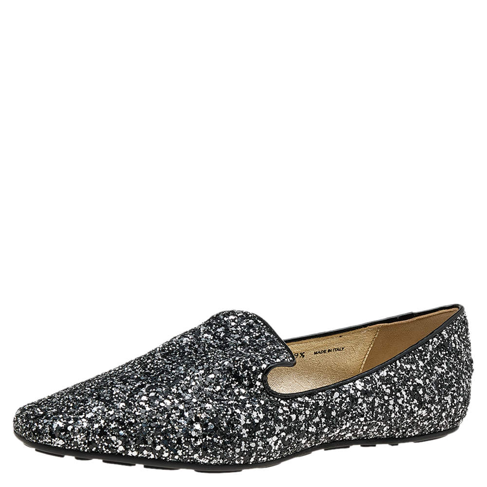 Pre Owned Jimmy Choo Black/Silver Glitter Wheel Smoking Slippers Size 39.5