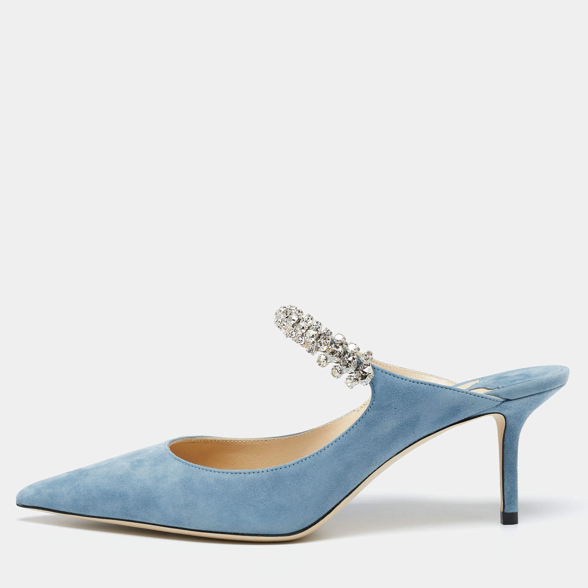Pre Owned Jimmy Choo Blue Suede Crystal Embellished Strap Bing Mules Size 40