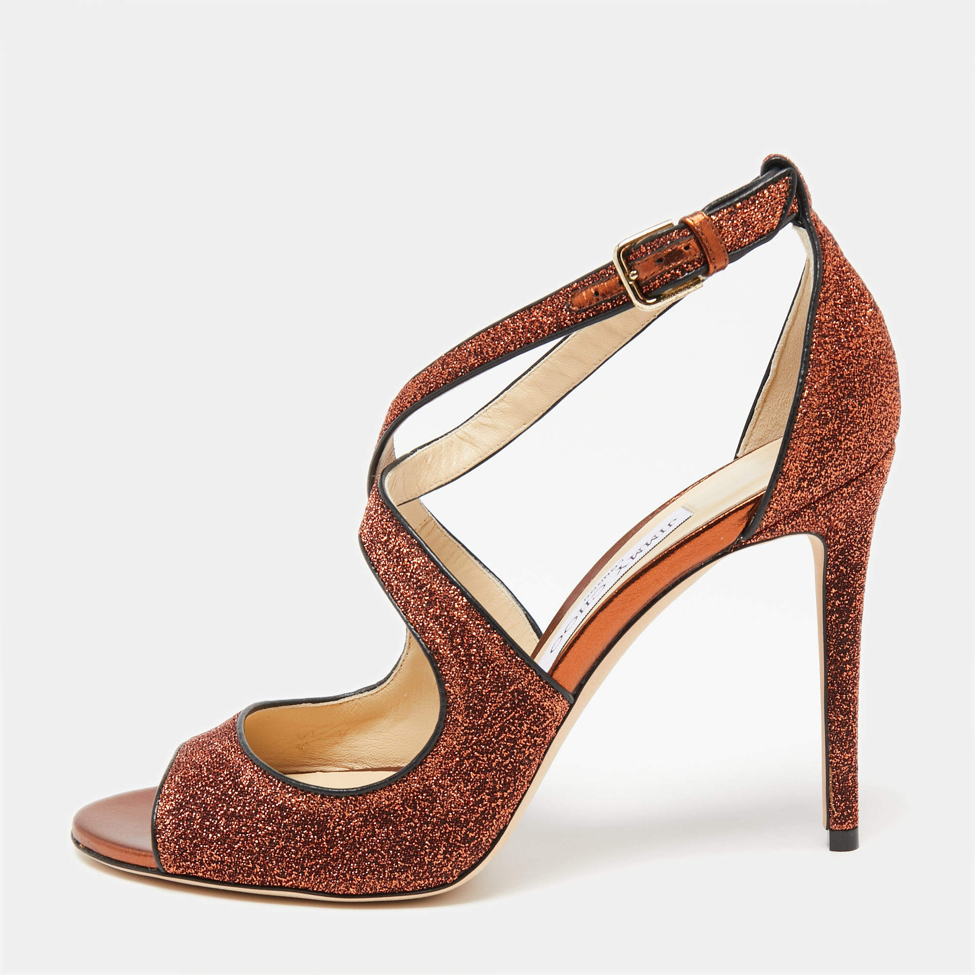 مملوكة مسبقًا Jimmy Choo Rust Lurex Fabric Emily Sandals Size 39