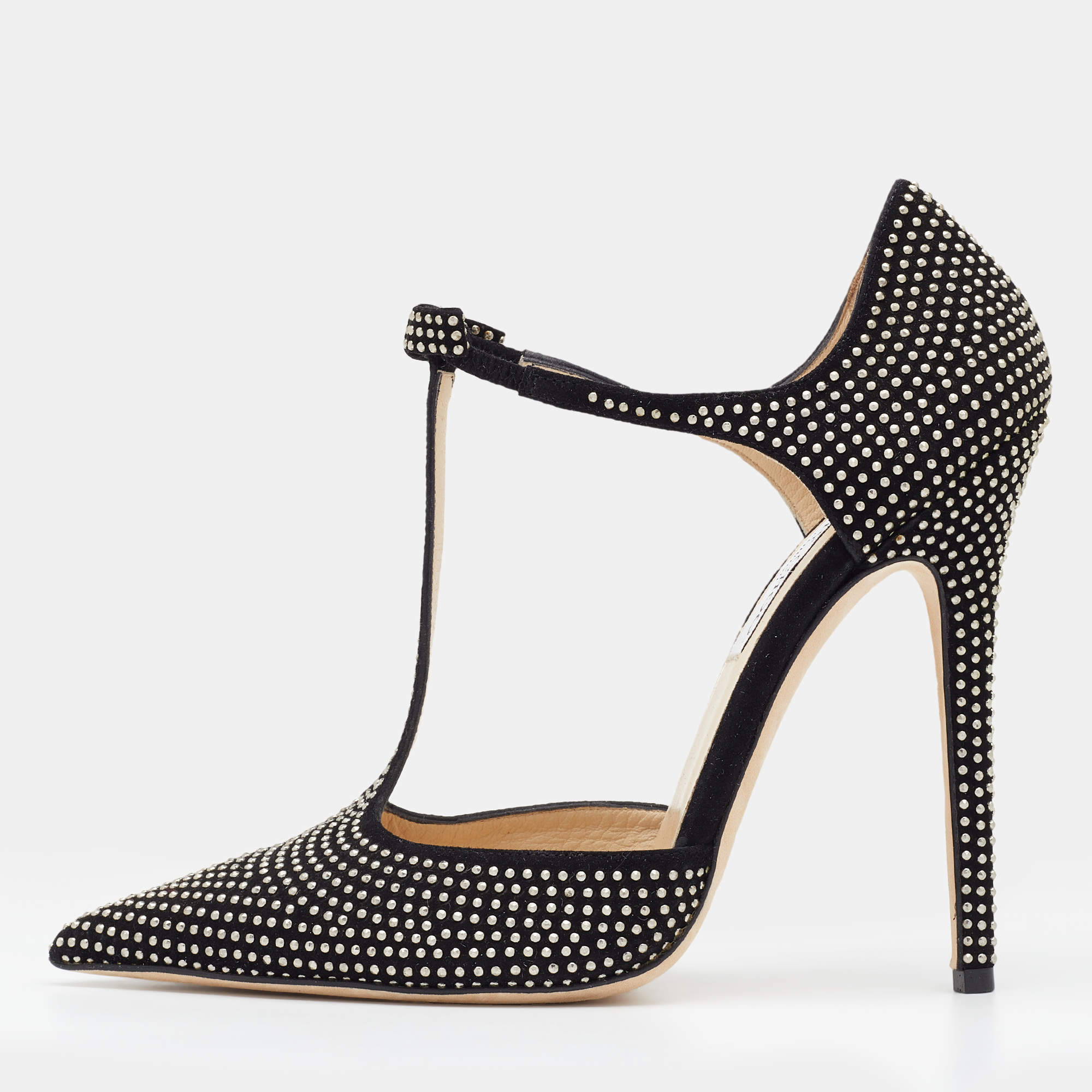 Pre Owned Jimmy Choo Black Studded Suede Talan T Strap Pointed Toe Pumps Size 40