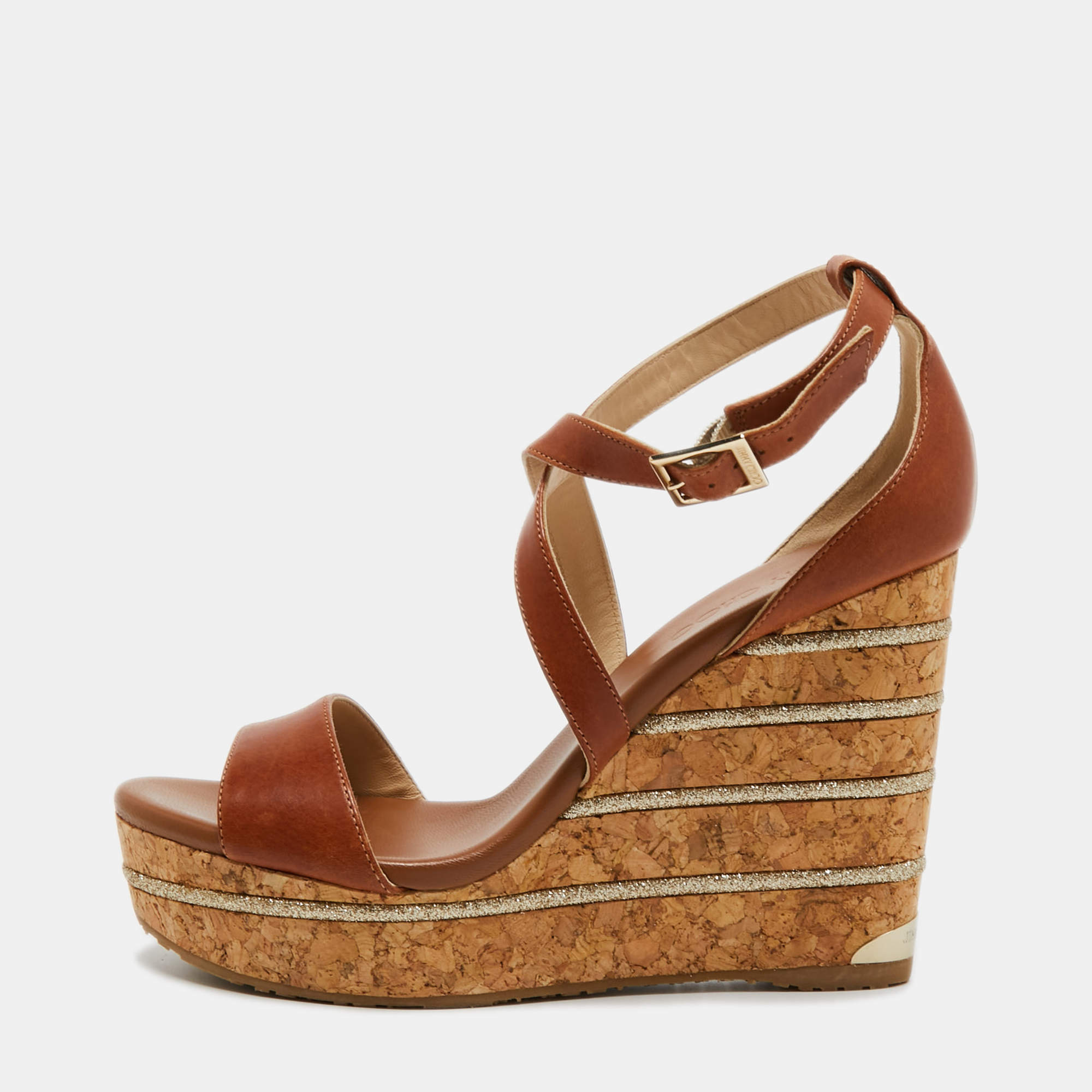 Pre Owned Jimmy Choo Brown Leather Cork Wedge Sandals Size 41