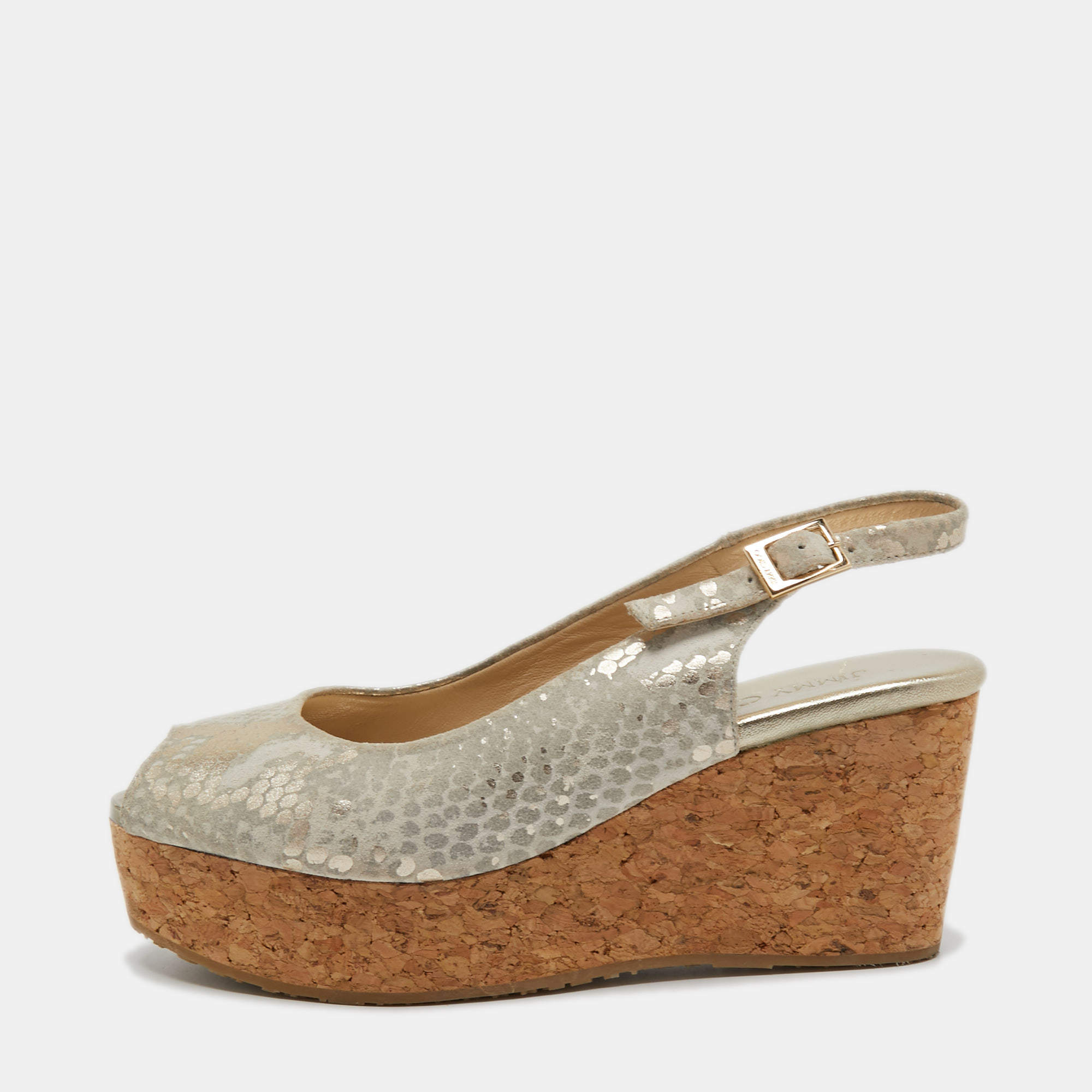 Pre Owned Jimmy Choo Light Gold/Grey Textured Suede Praise Wedge Slingback Sandals Size 36.5