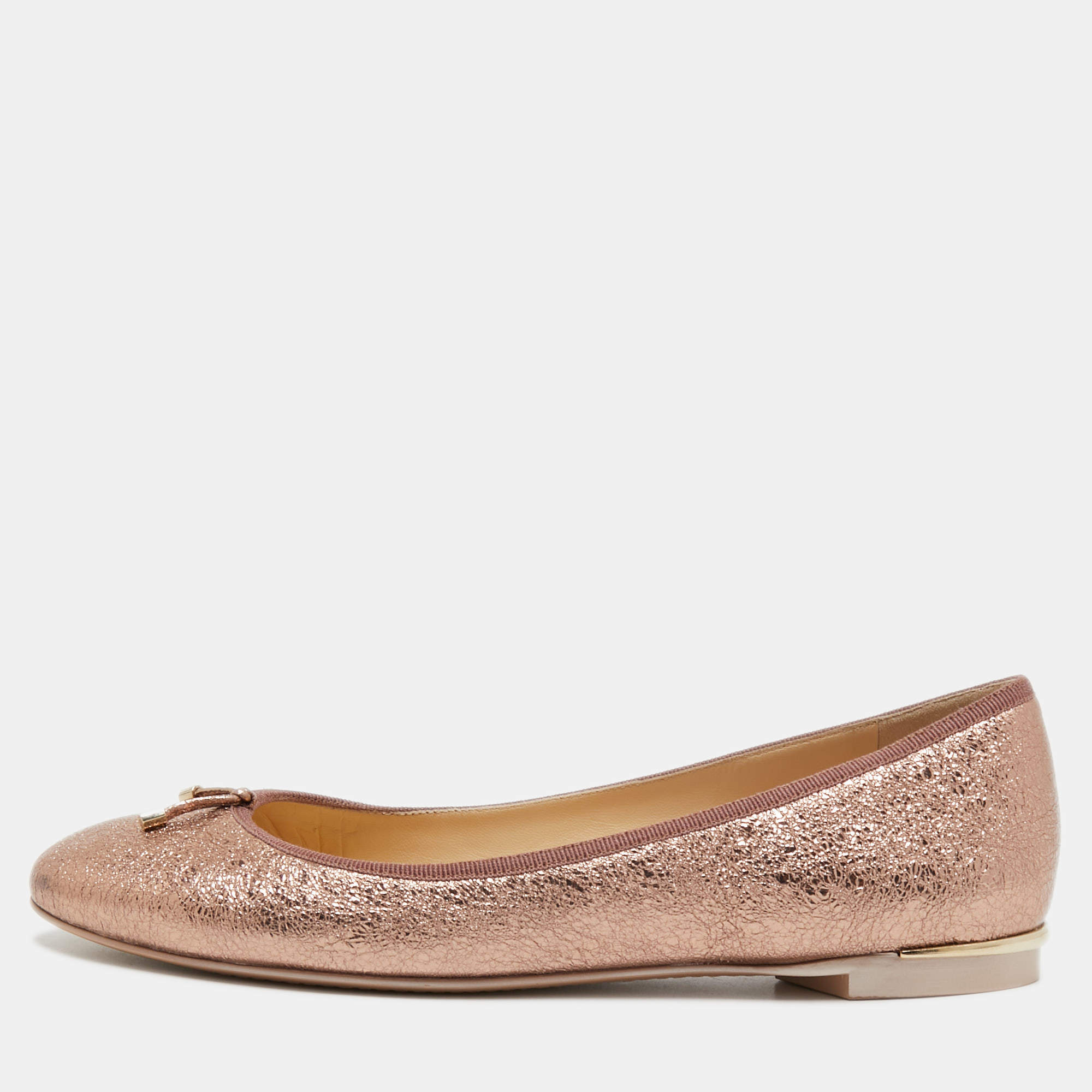 Pre Owned Jimmy Choo Metallic Pink Leather Ballet Flats Size 38.5