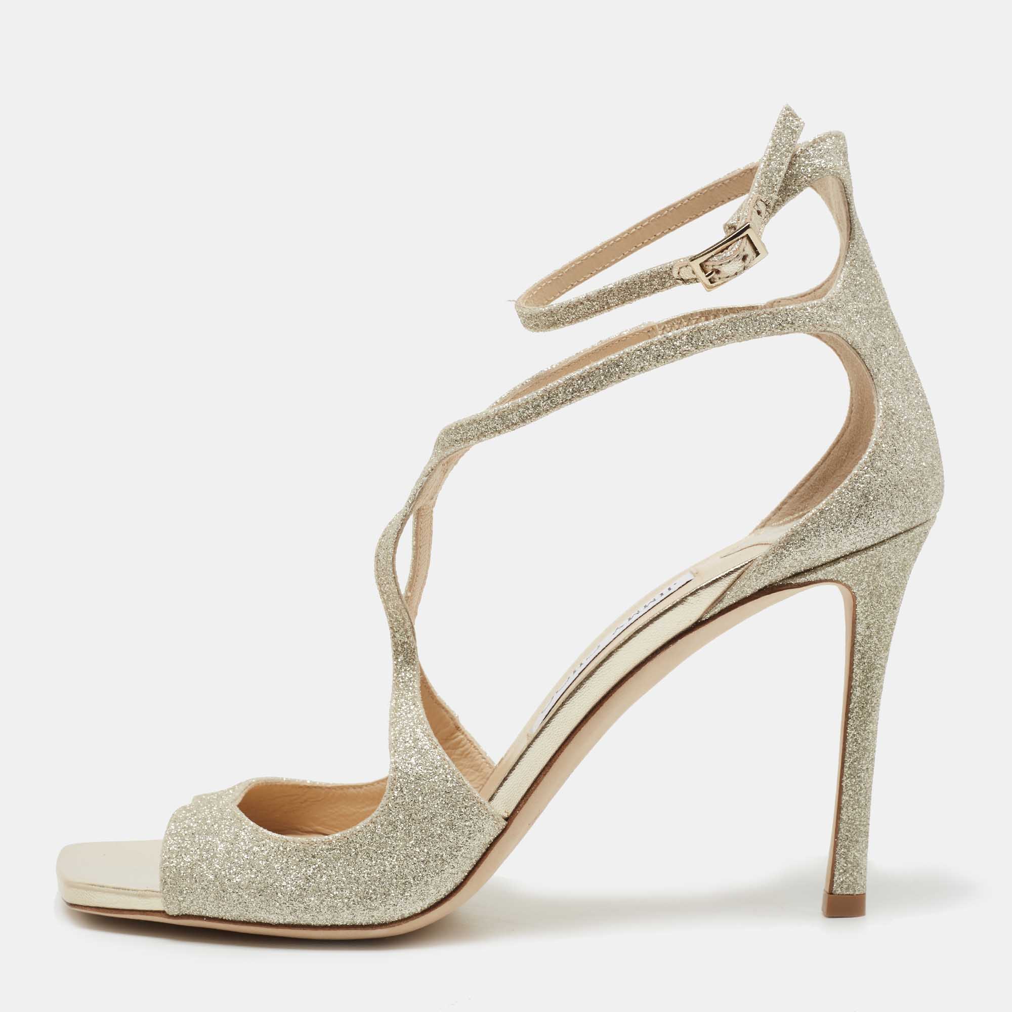 مملوكة مسبقًا Jimmy Choo Metallic Silver Glitter and Leather Sandals Size 40