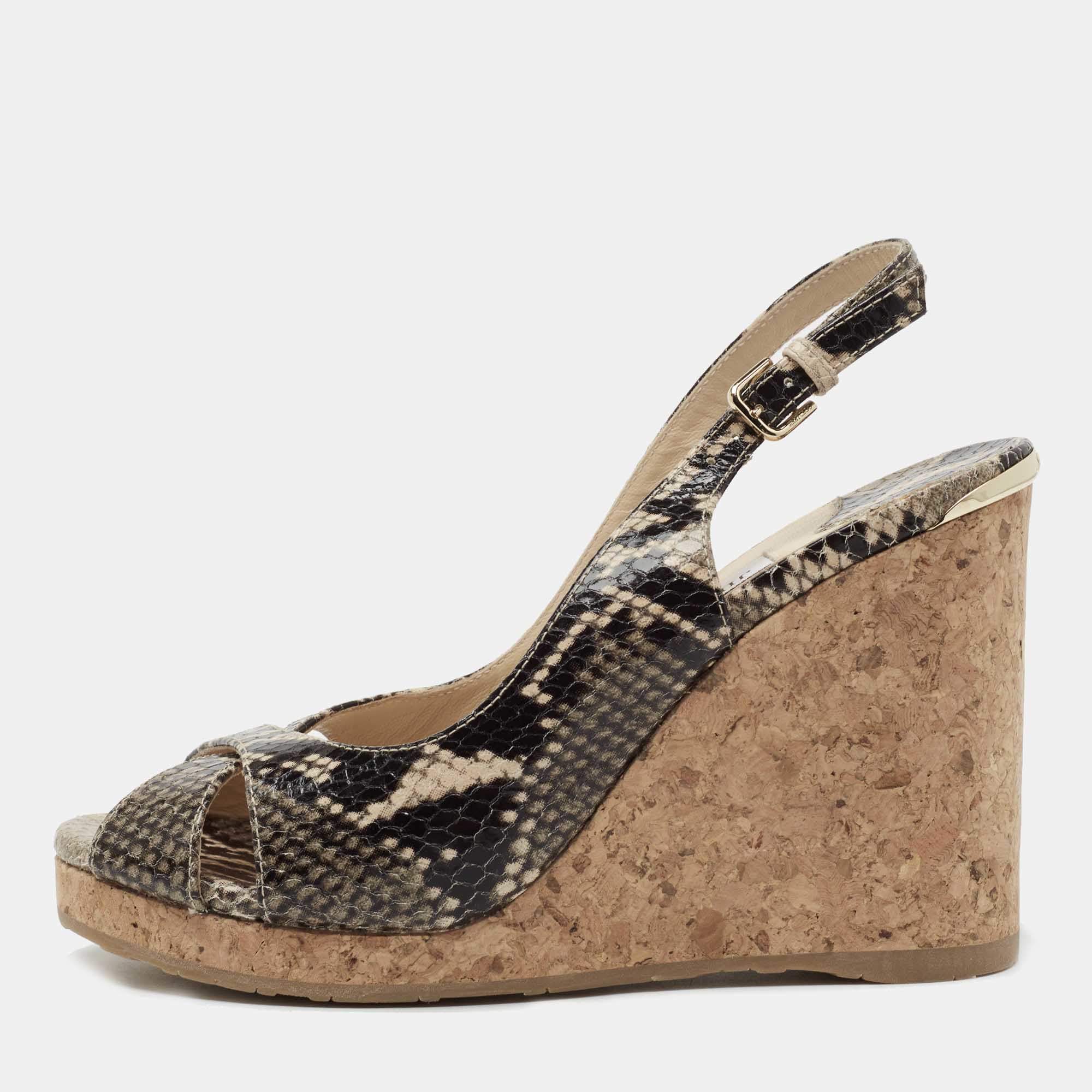 Pre Owned Jimmy Choo Beige/Black Python Embossed Leather Wedge Sandals Size 37