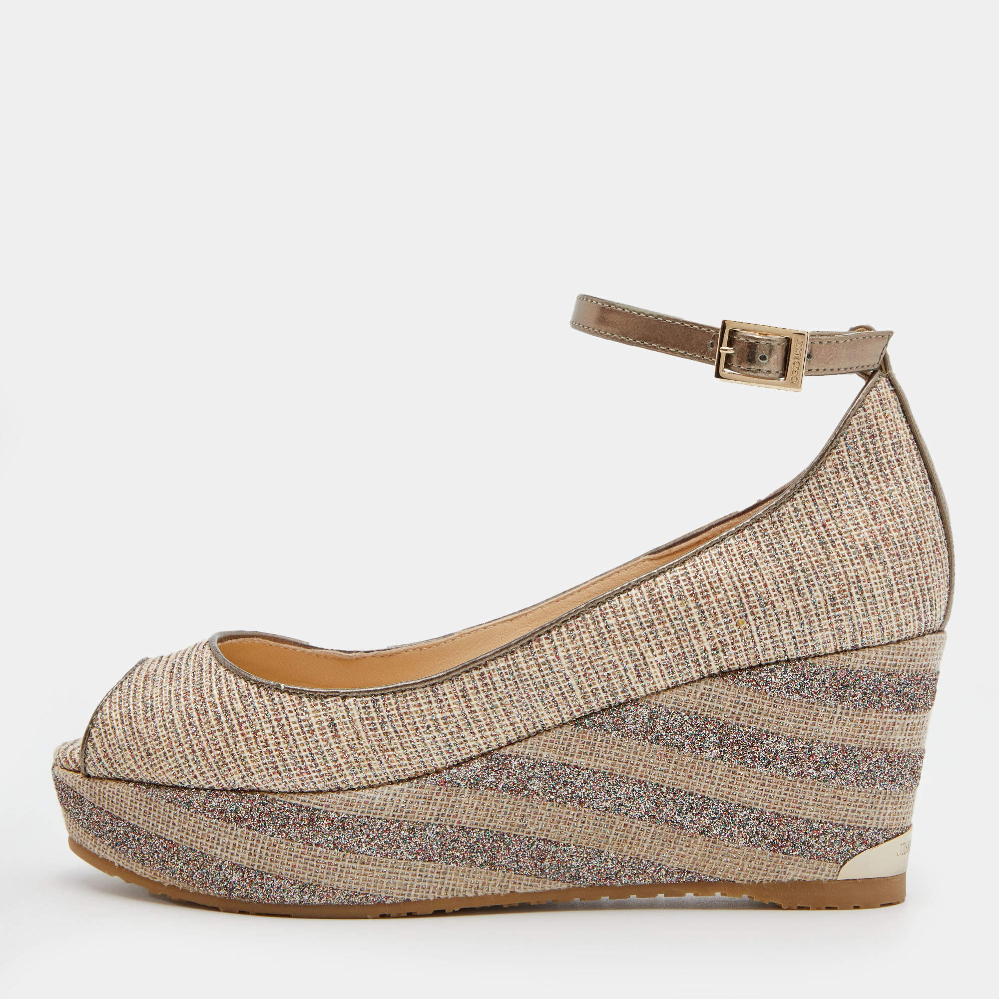 Pre Owned Jimmy Choo Metallic Woven Fabric and Leather Platform Pumps Size 36.5