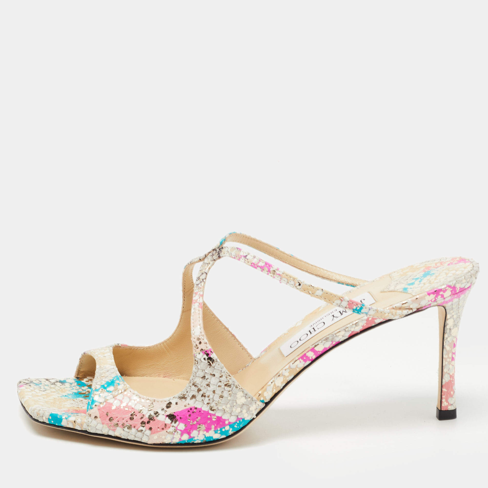 Pre Owned Jimmy Choo Multicolor Snakeskin Embossed Leather Anise Slide Sandal Size 40