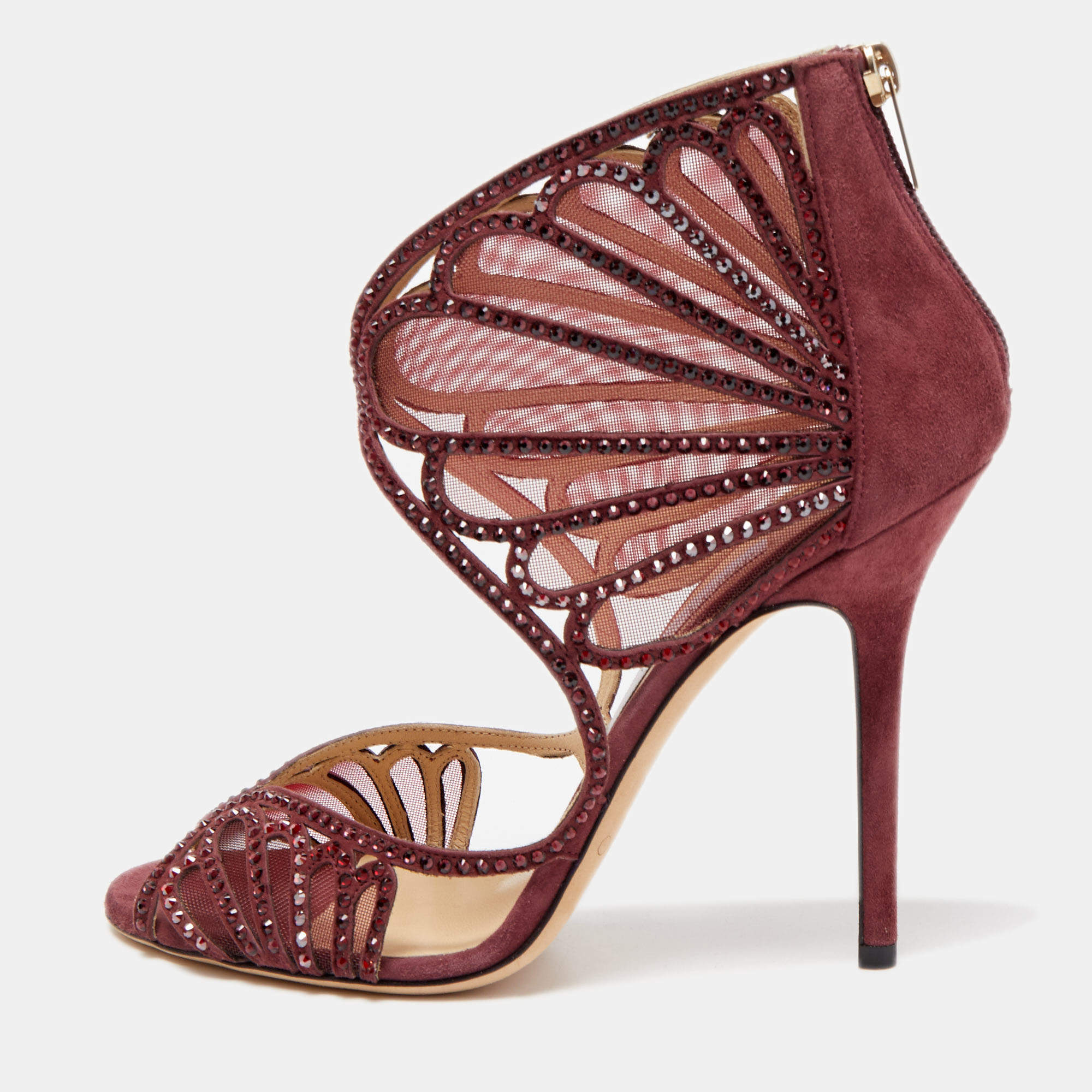 Jimmy Choo Burgundy Suede and Crystal Embellished Mesh Open Toe Sandals Size 39