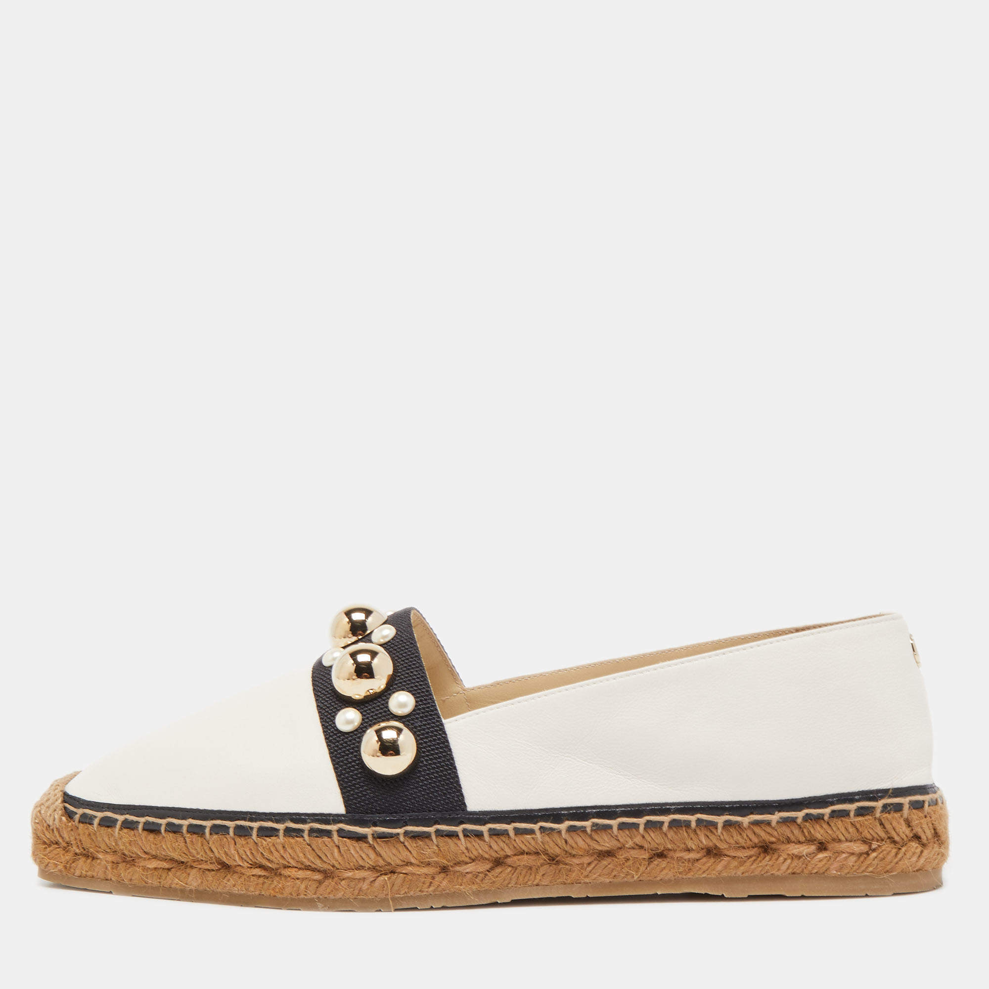 Pre Owned Jimmy Choo White Leather Studded Embellished Espadrille Flats Size 41