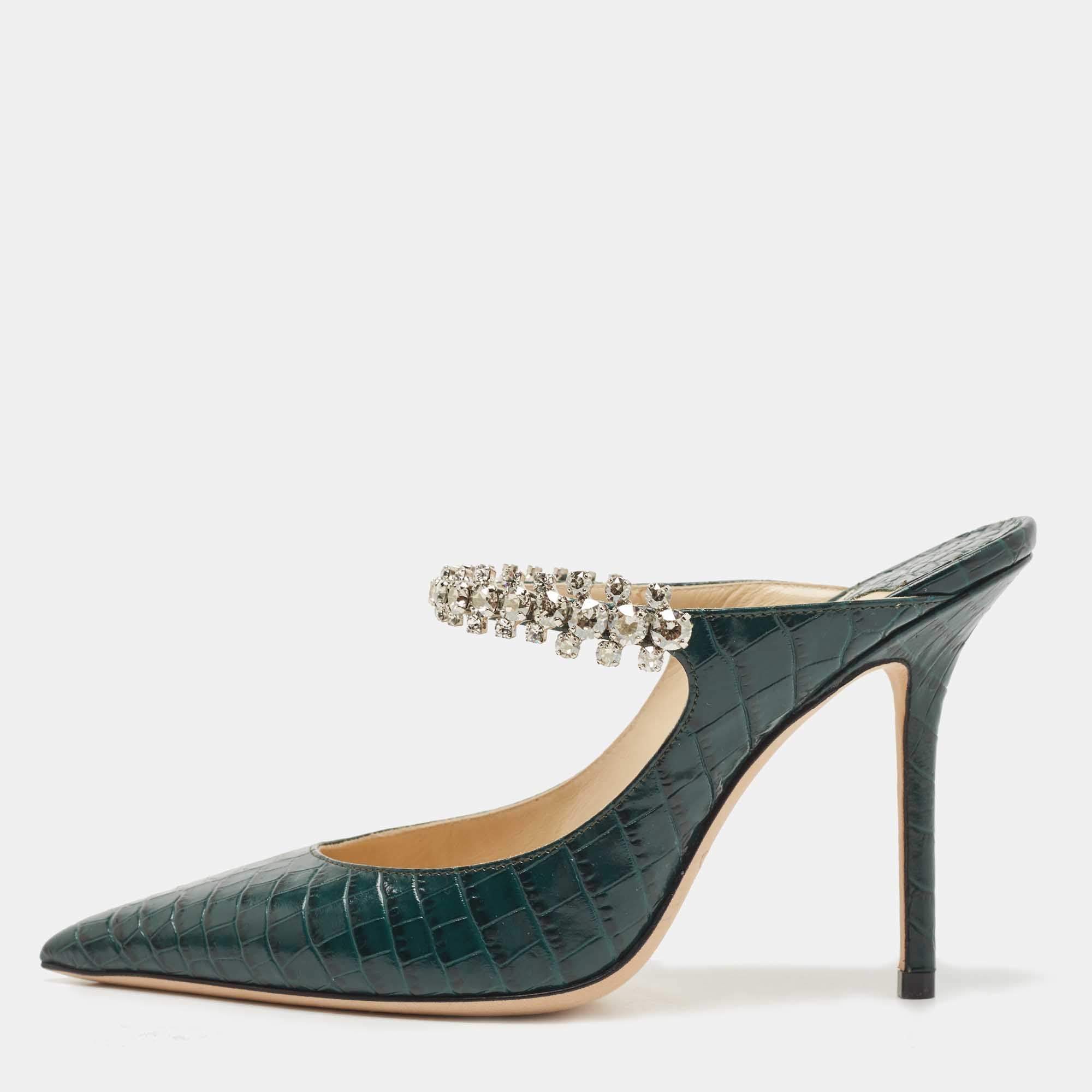 مملوكة مسبقًا Jimmy Choo Dark Green Croc Embossed Leather Bing Mules Size 36
