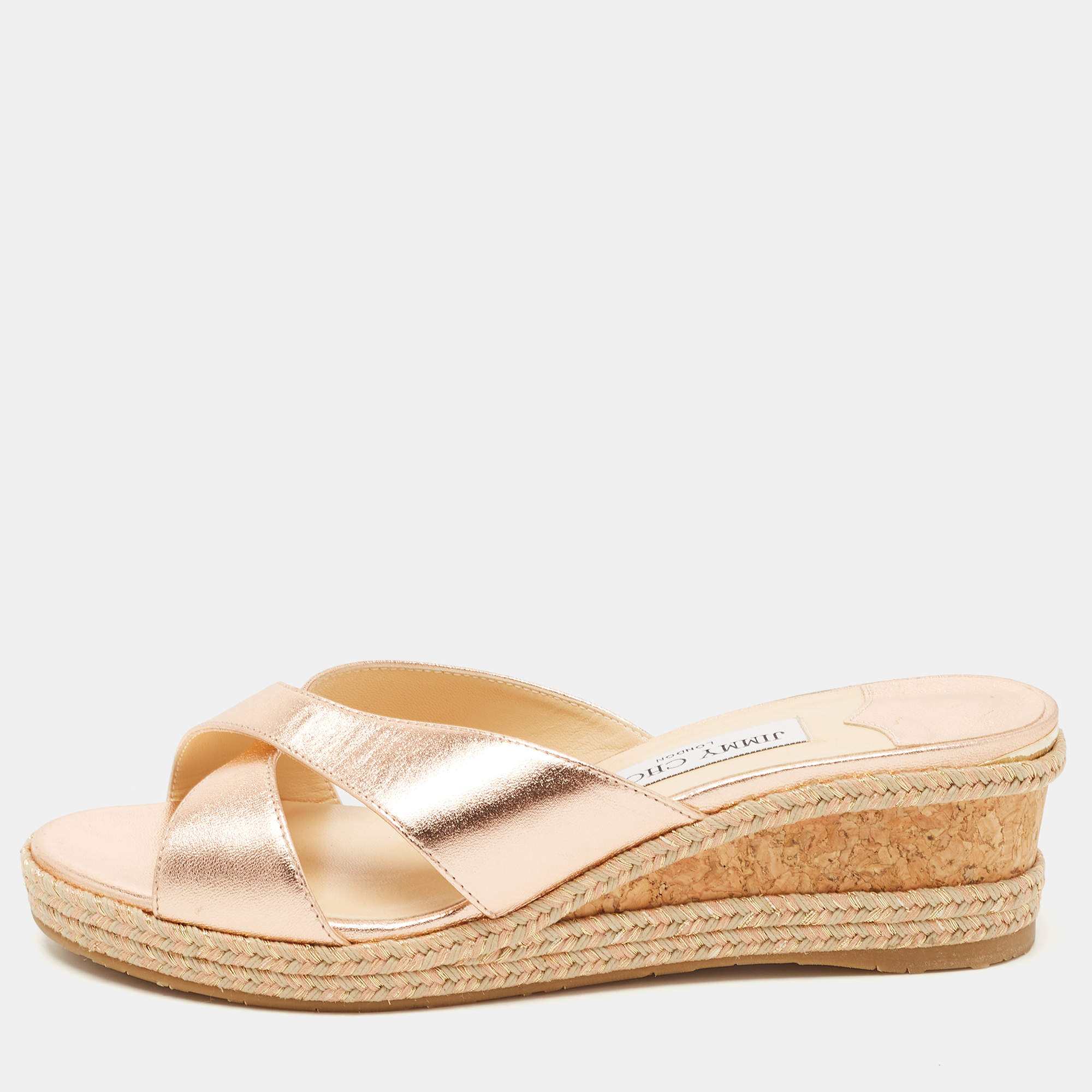 Pre Owned Jimmy Choo Metallic Pink Leather Prima Wedge Sandals Size 39.5