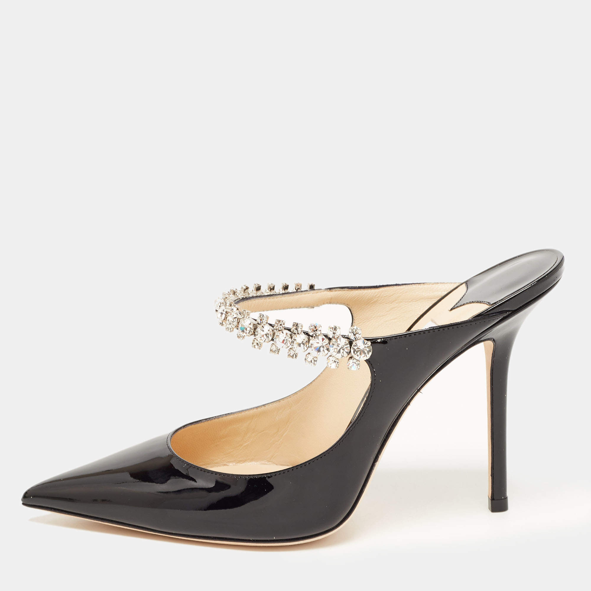 مملوكة مسبقًا Jimmy Choo Black Patent Leather Crystal Embellished Bing Mules Size 39