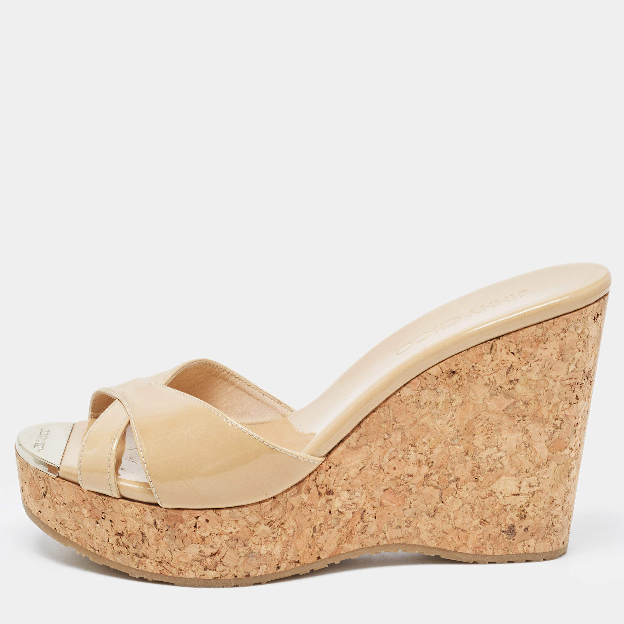 Pre Owned Jimmy Choo Beige Patent Leather Prima Cork Wedge Sandals Size 38