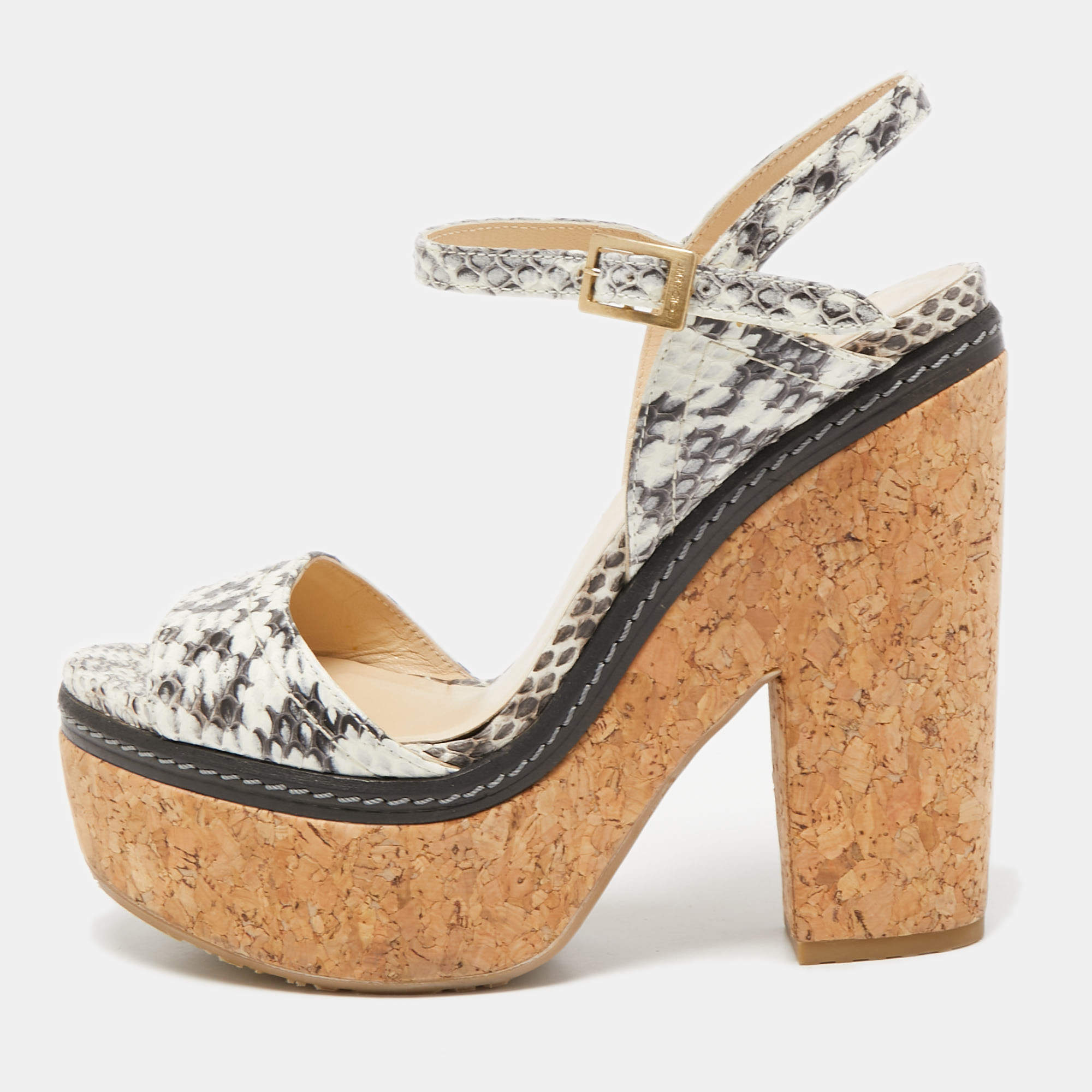 Pre Owned Jimmy Choo Cream/Black Water Sneaker Leather Naylor Wedge Sandals Size 37