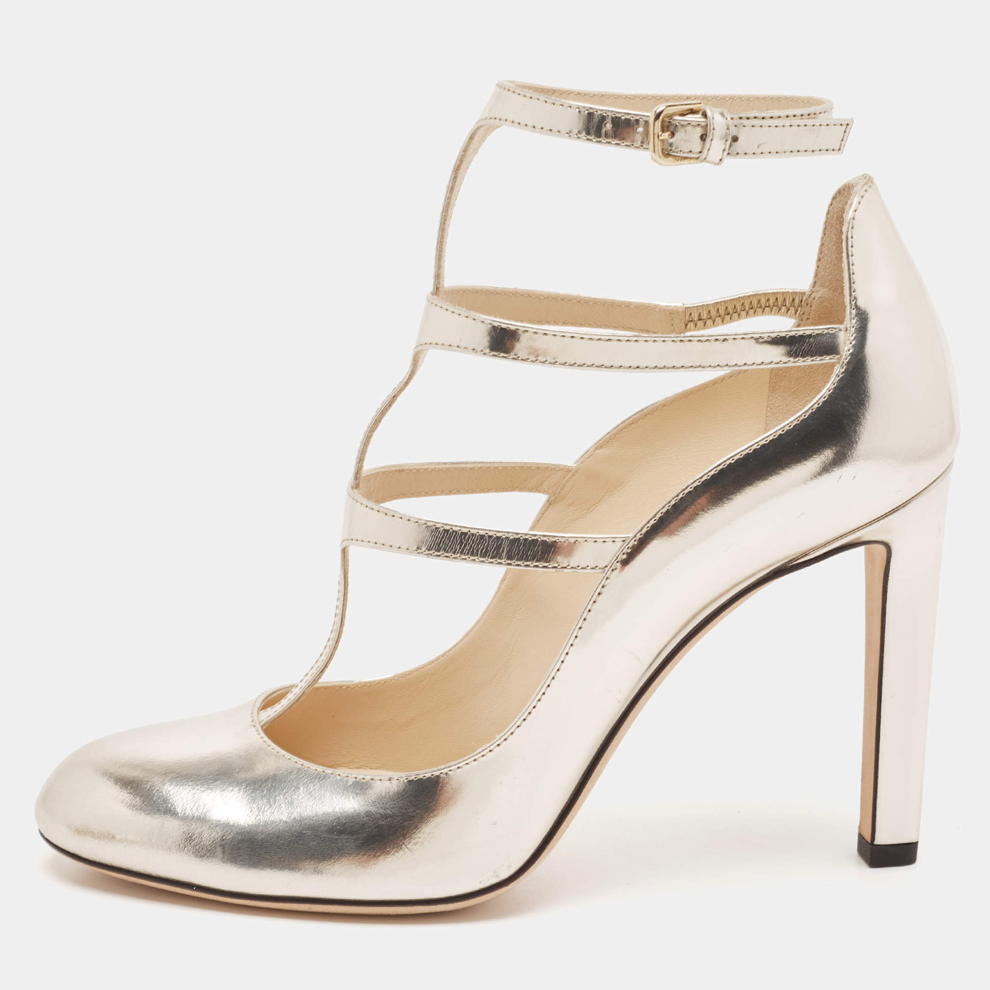 Pre Owned Jimmy Choo Gold Leather Doll Caged Pumps Size 38