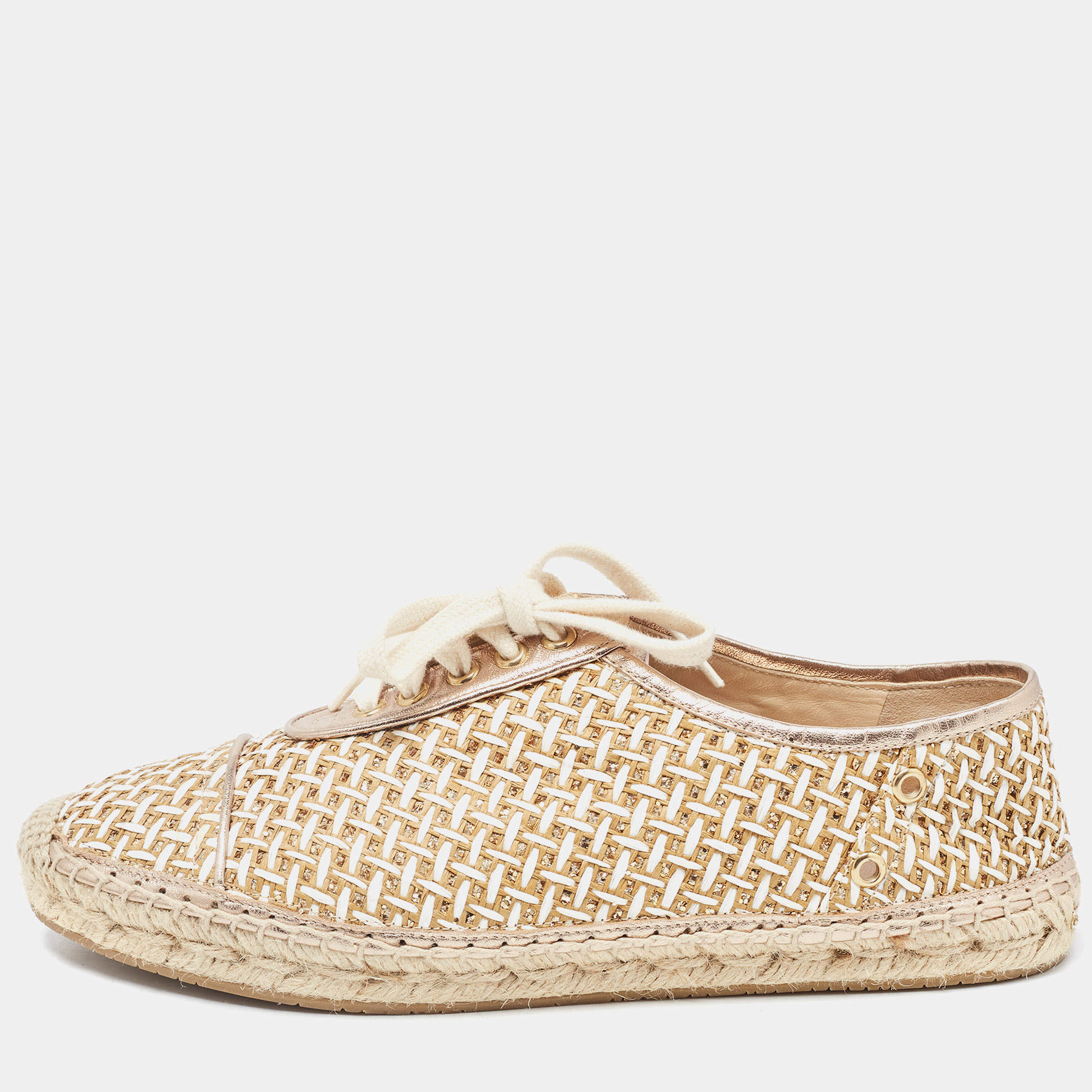 مملوكة مسبقًا Jimmy Choo Two Tone Raffia and Glitter Low Top Sneakers Size 38