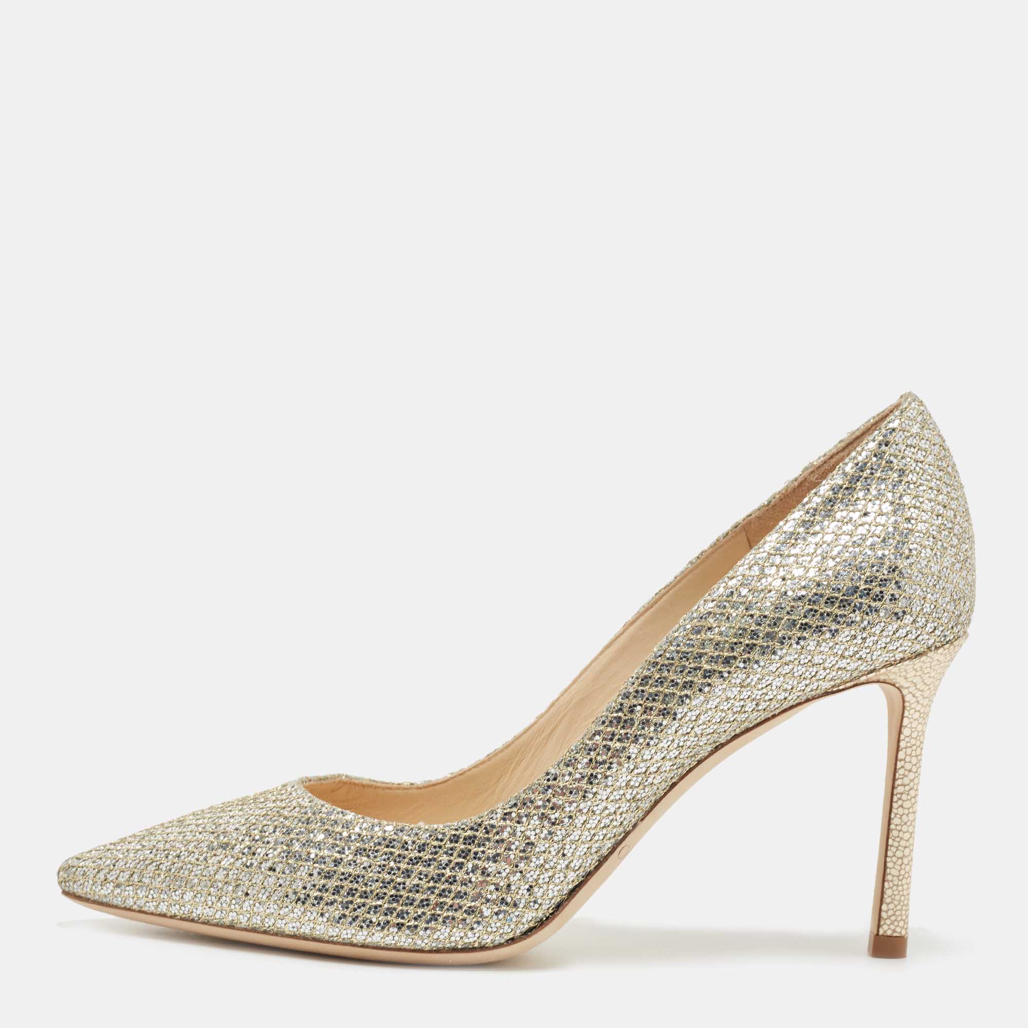 Pre Owned Jimmy Choo Silver Glitter Romy Pointed Toe Pumps Size 36.5