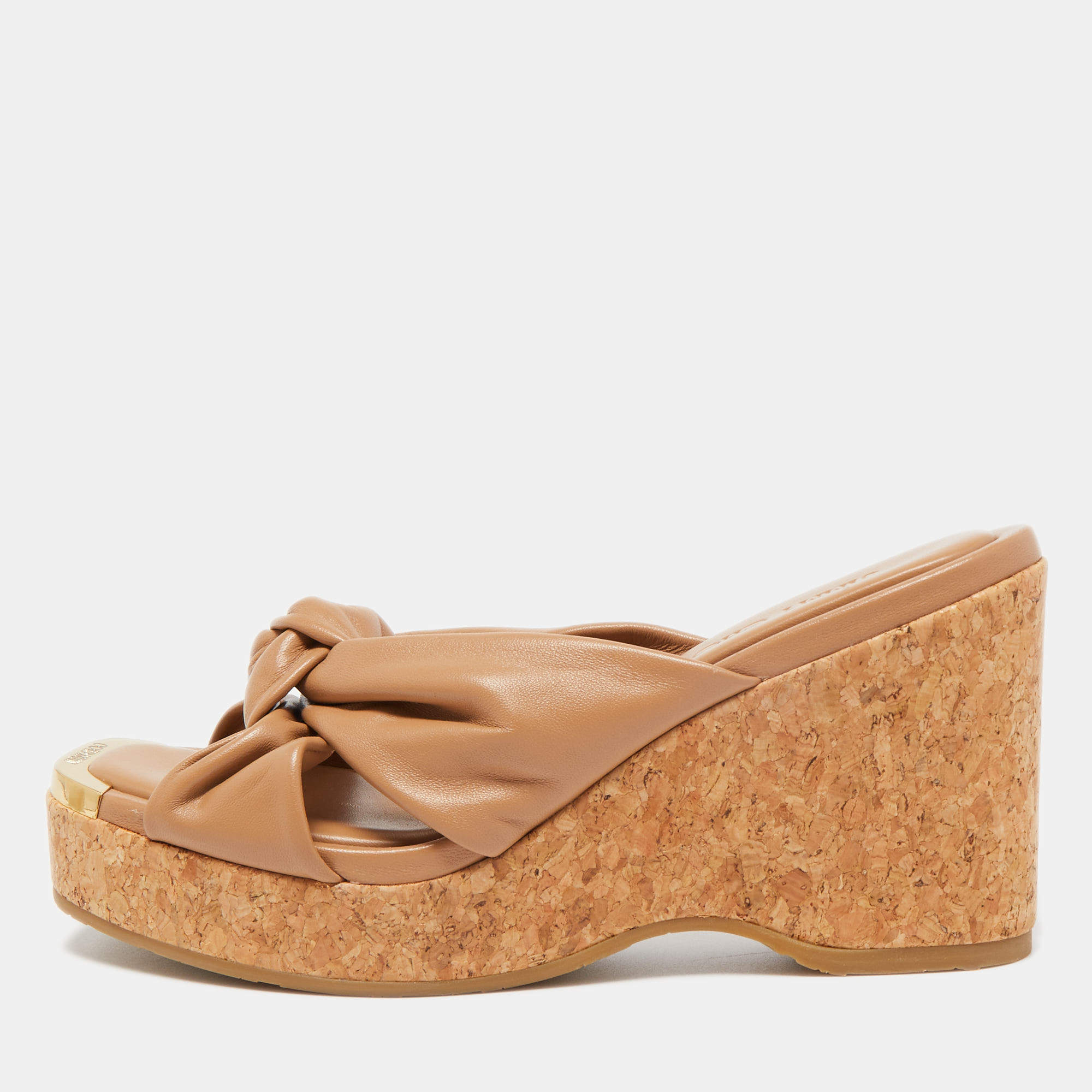 Pre Owned Jimmy Choo Brown Knotted Leather Avenue Wedge Sandals Size 38.5