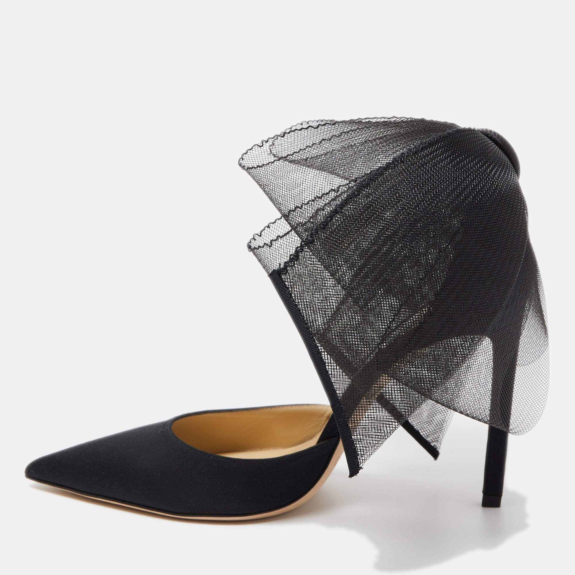 Pre Owned Jimmy Choo Black Canvas and Mesh Aveline Bow Pointed Toe Ankle Cuff Pumps Size 38.5