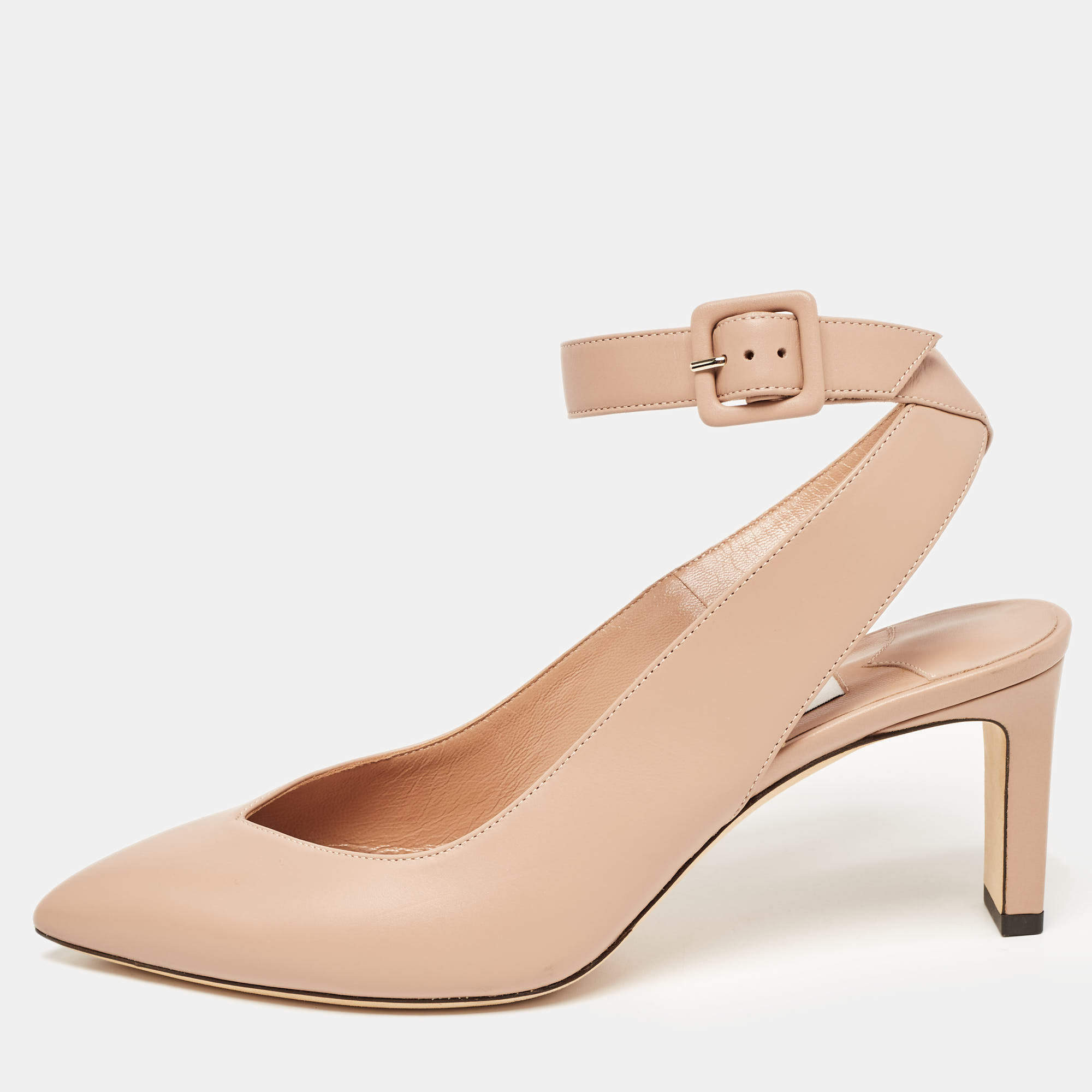 Pre Owned Jimmy Choo Beige Leather Lou Pointed Toe Ankle Strap Pumps Size 39