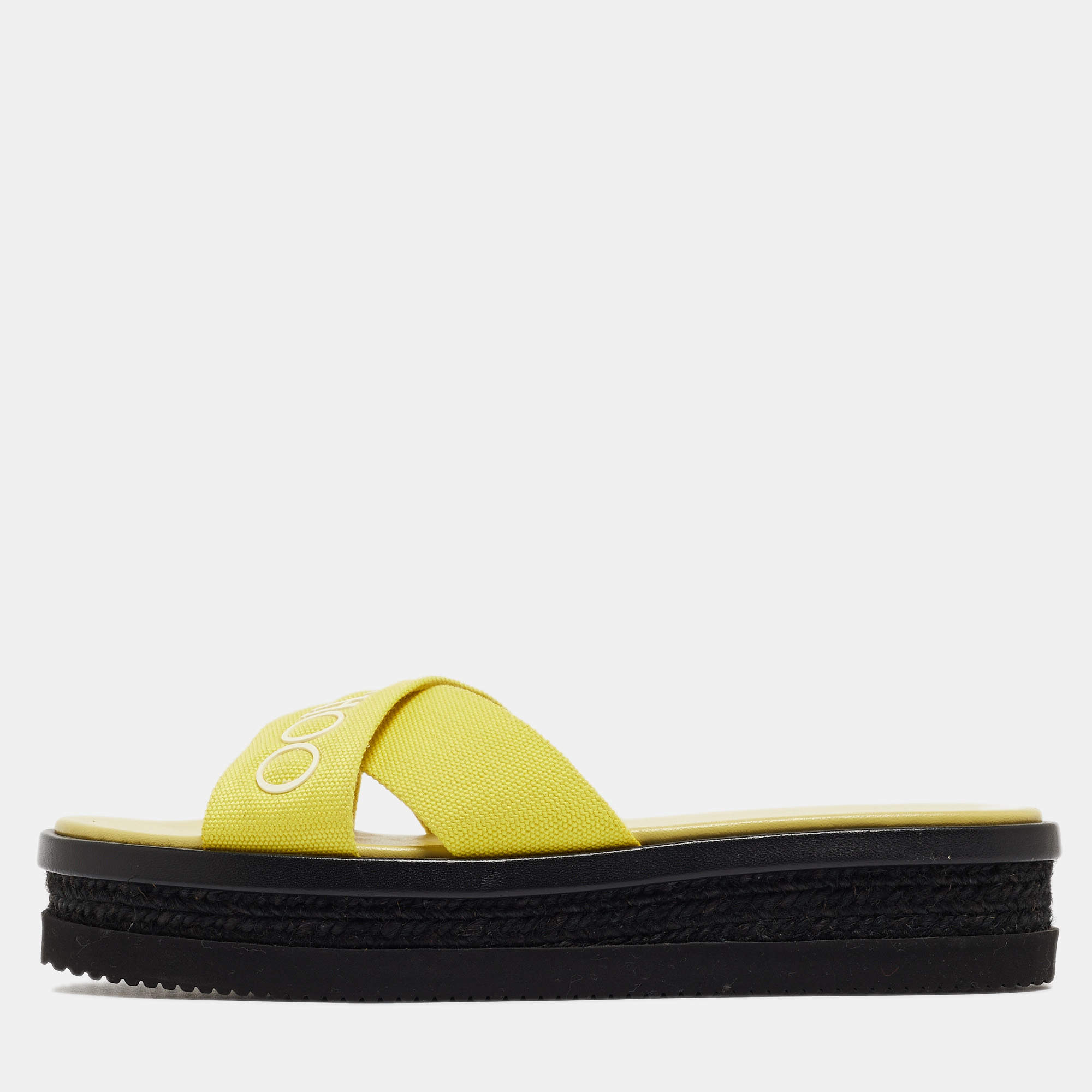 Pre Owned Jimmy Choo Green Canvas Logo Wedge Sandals Size 39