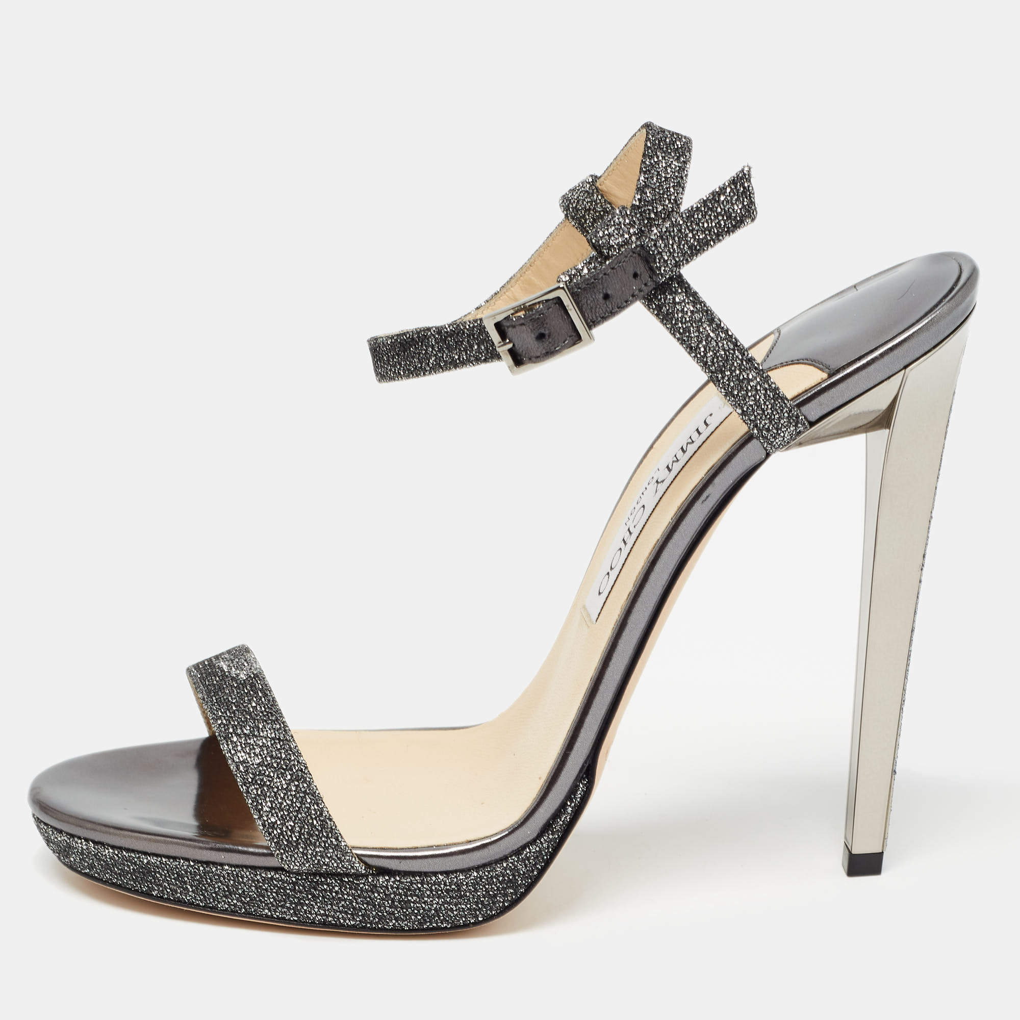 Pre Owned Jimmy Choo Grey Glitter Fabric Claudette Sandals Size 40.5