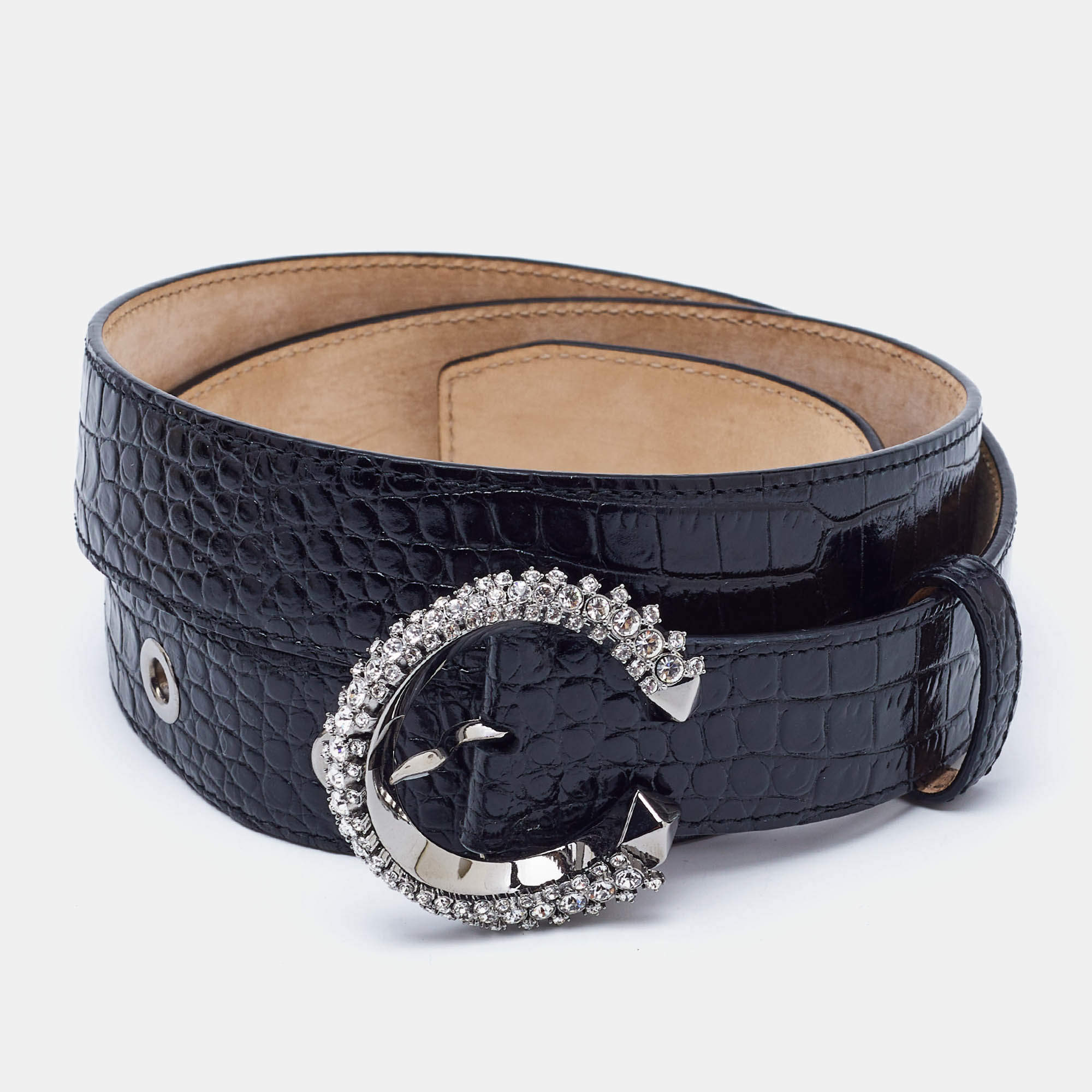 Jimmy Choo Black Croc Embossed Leather Madeline Crystals Buckle Belt 90CM