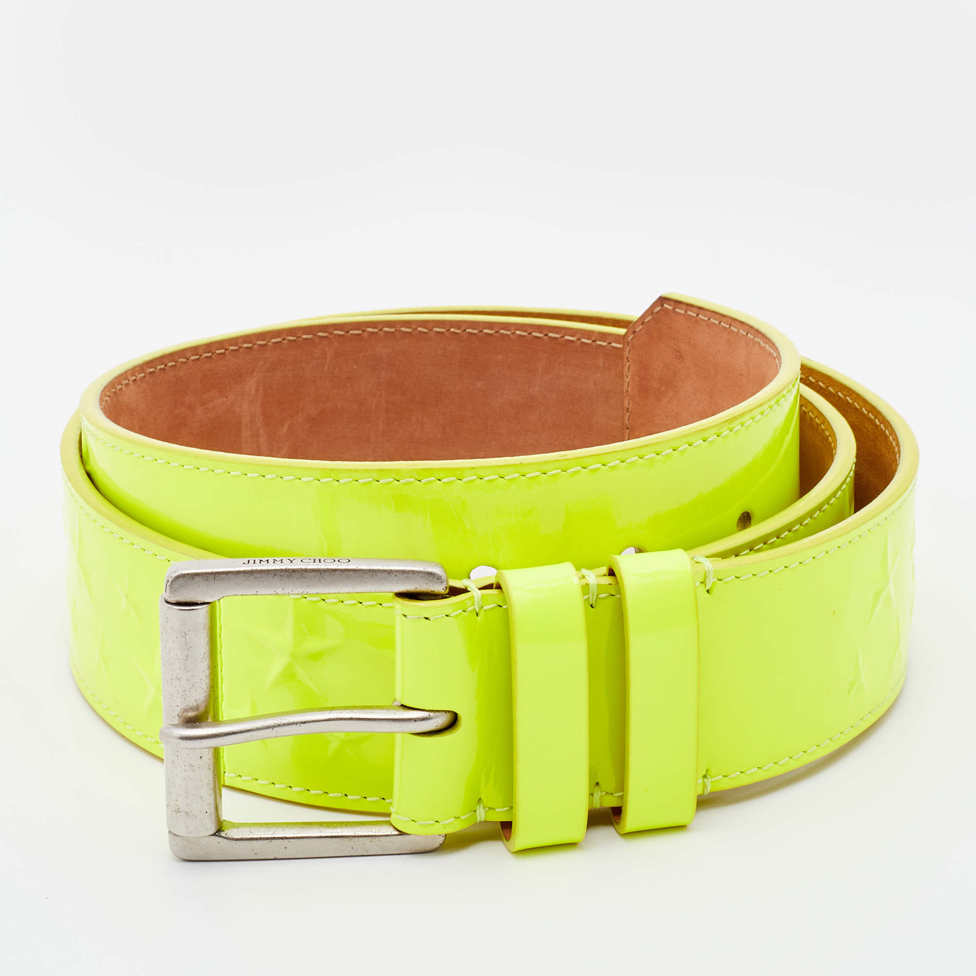 Pre Owned Jimmy Choo Neon Yellow Patent Leather Star Buckle Belt 90 CM