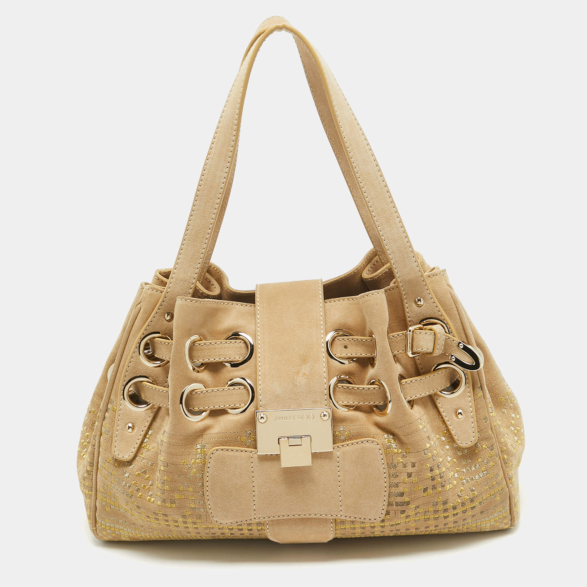 Jimmy Choo Beige Suede and Lurex Riki Tote