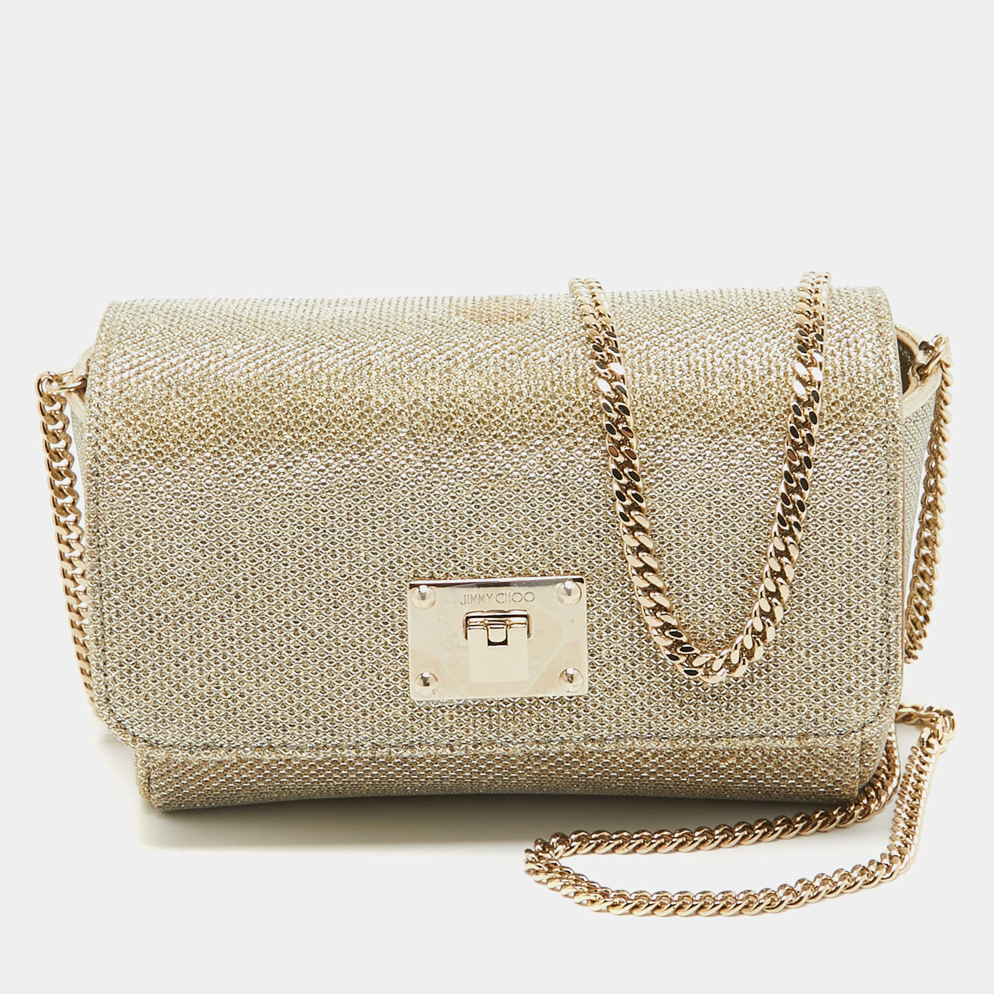 Jimmy Choo Gold Lame Glitter Fabric Ruby Chain Clutch