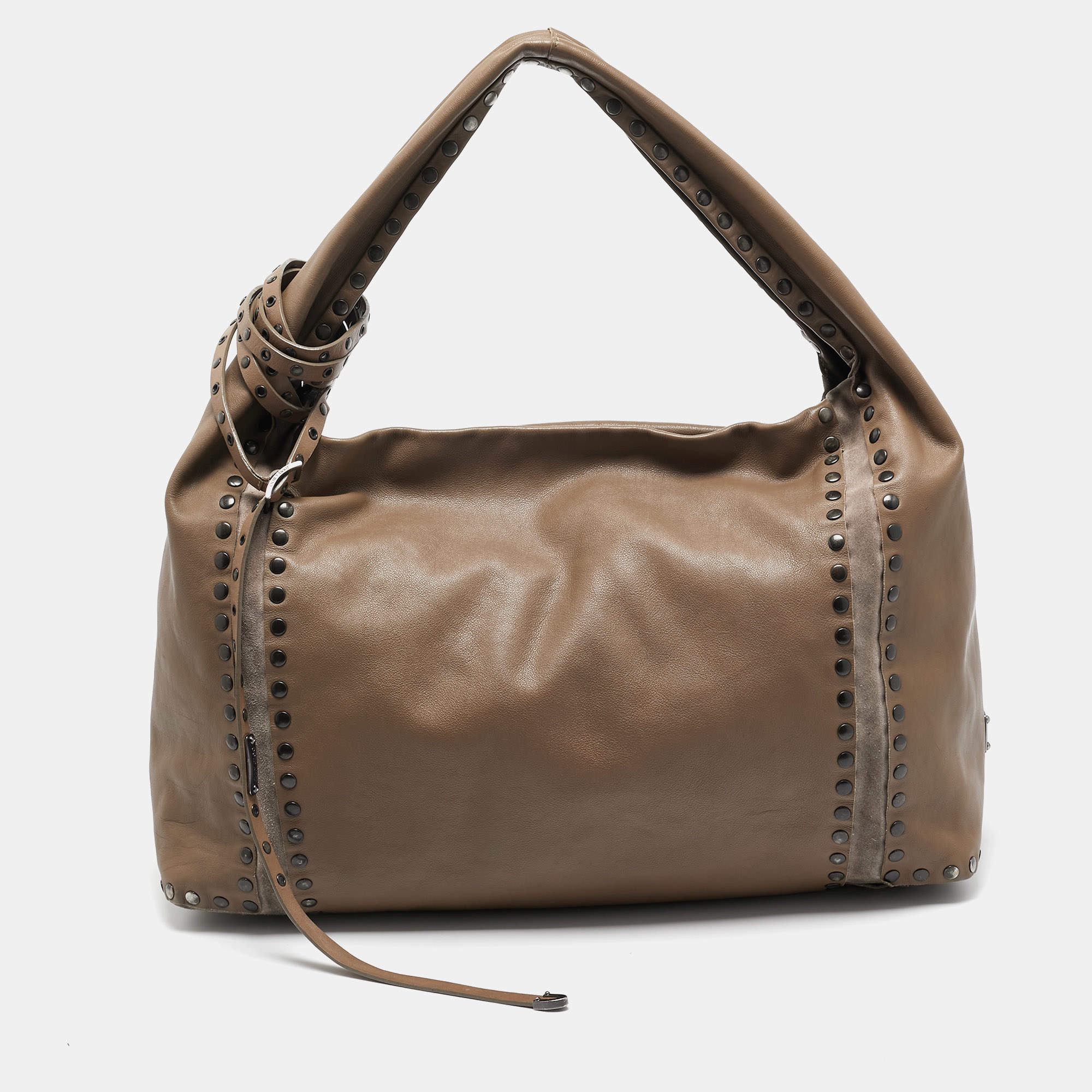 Jimmy Choo Brown Leather and Suede Leather Studded Saba Hobo