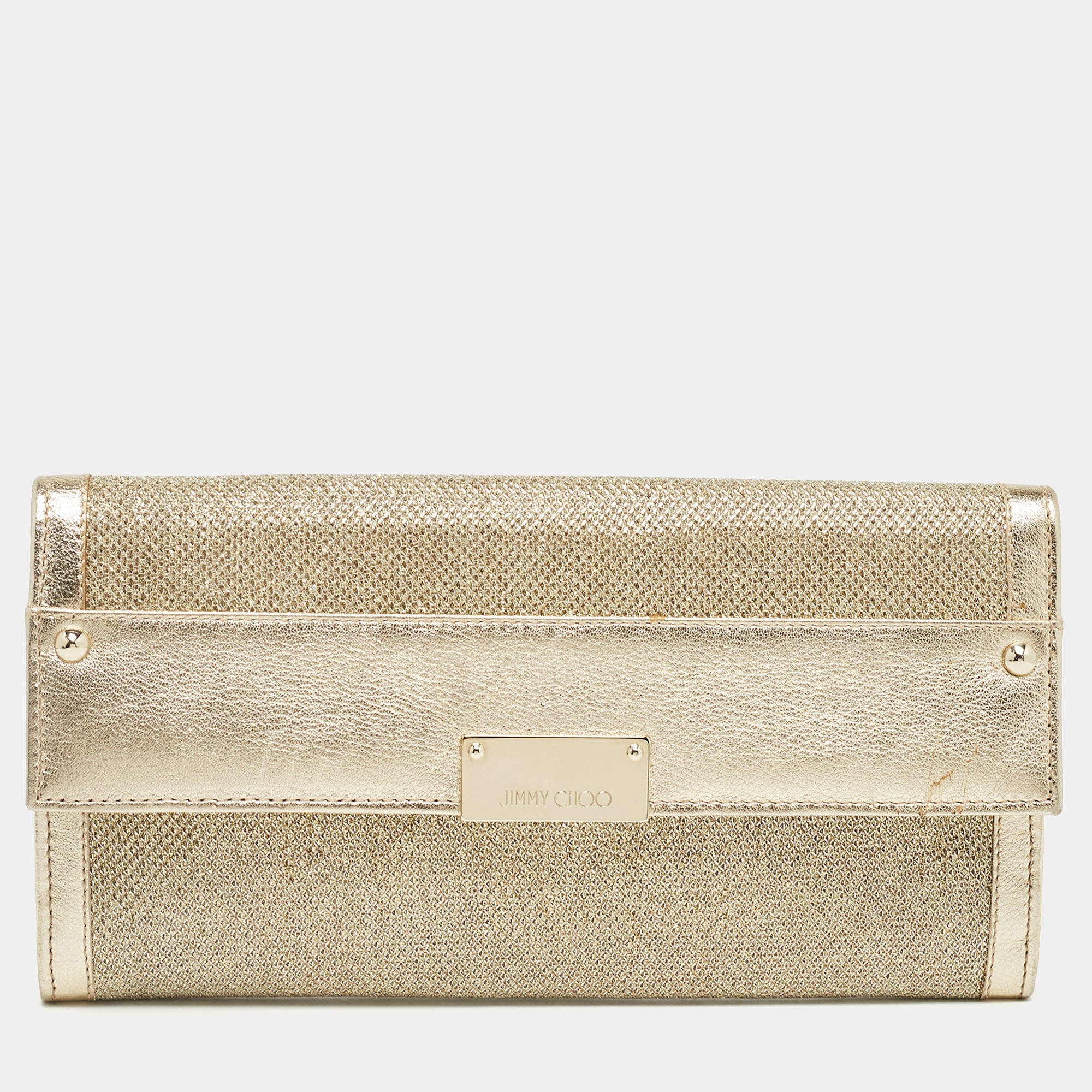 Pre Owned Jimmy Choo Gold Glitter Leather Reese Clutch