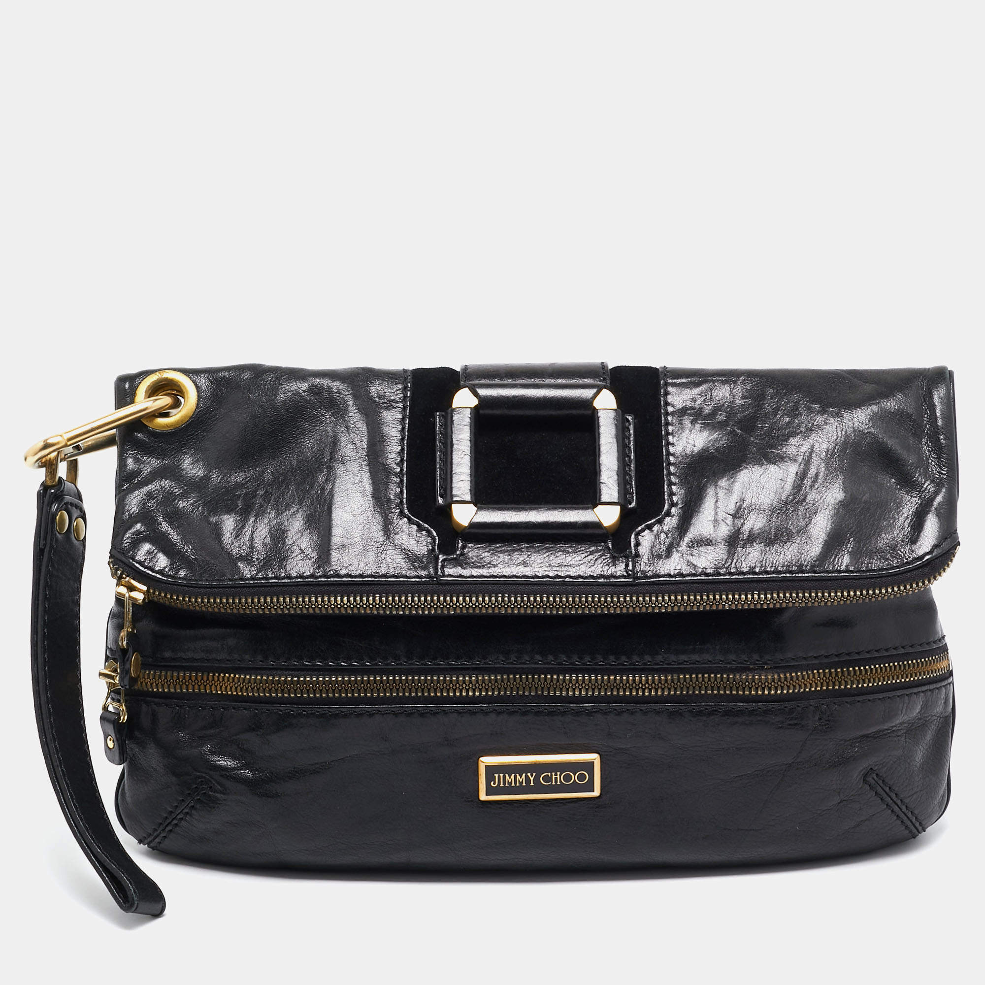 Pre Owned Jimmy Choo Black Leather and Suede Mave Foldover Clutch