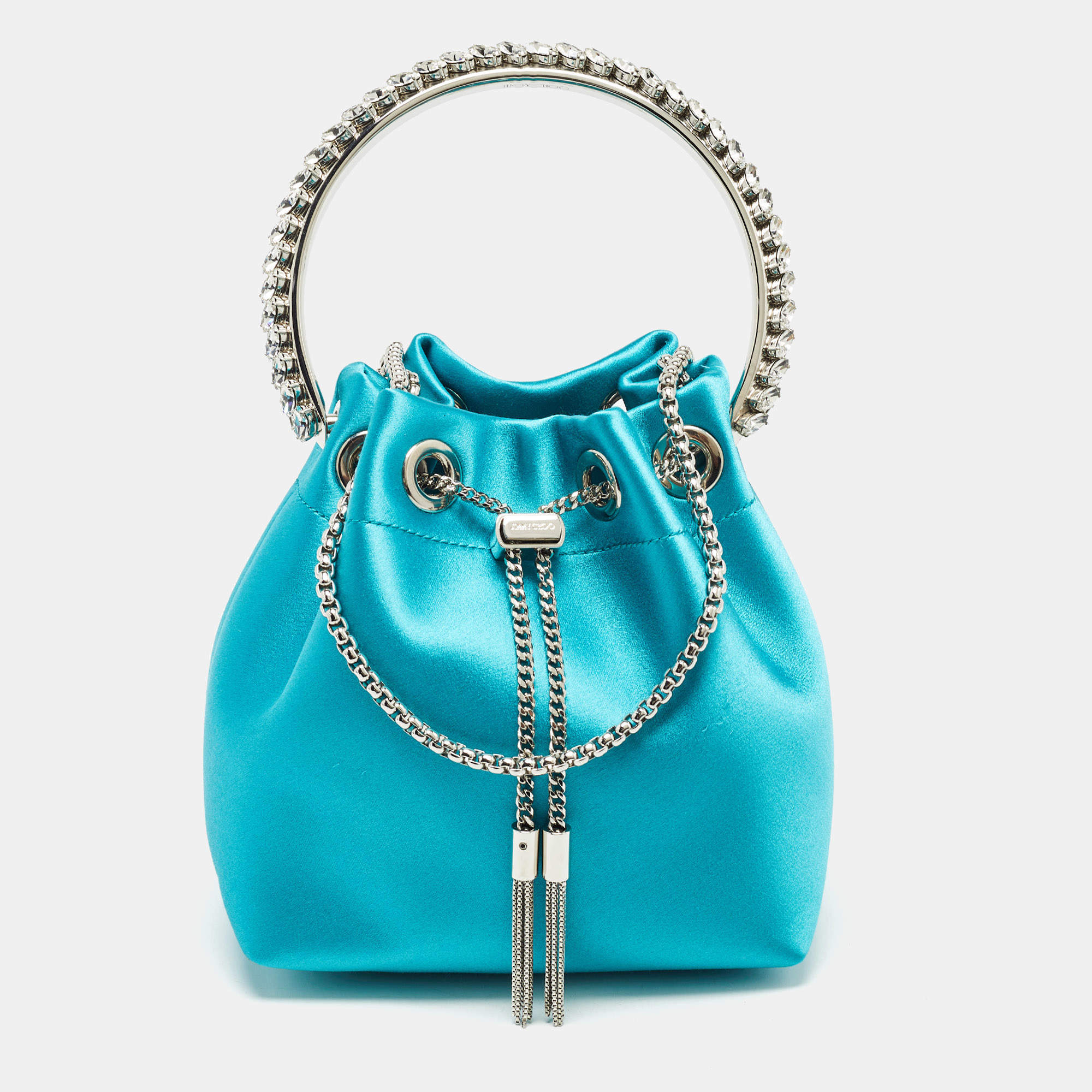 Pre Owned Jimmy Choo Aqua Green Satin Crystals Bon Bon Bucket Bag 